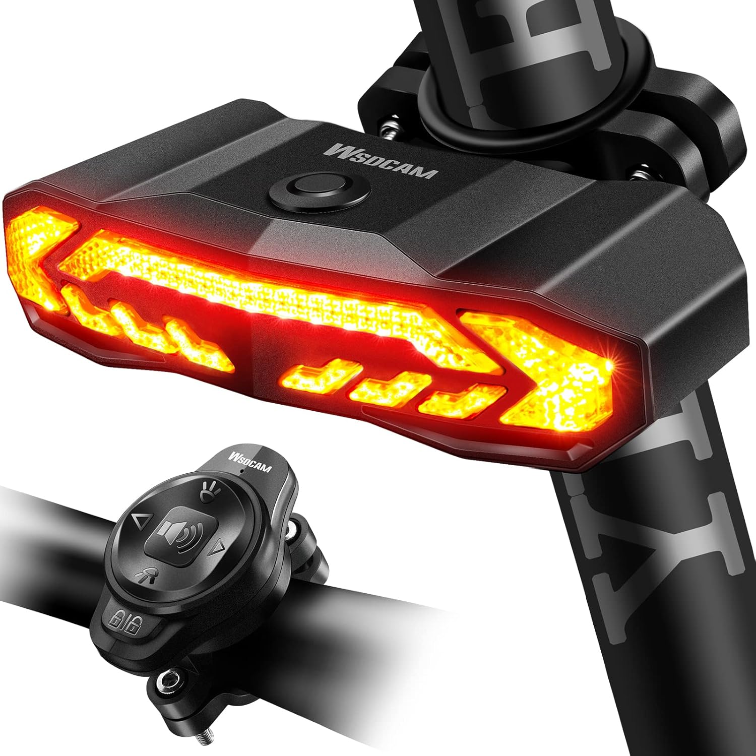 WSDCAM Luz trasera inteligente para bicicleta con señales de giro y luz de freno, bocina de alarma de bicicleta con control remoto, encendidoapagado