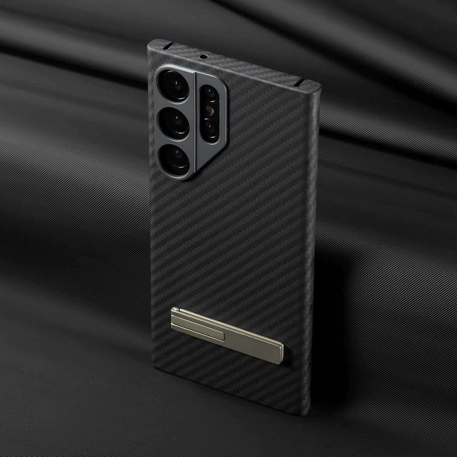 Funda compatible con Samsung Galaxy S23 Ultra, con soporte, fibra de carbono de aramida, diseño de moda para protección de lente de metal de
