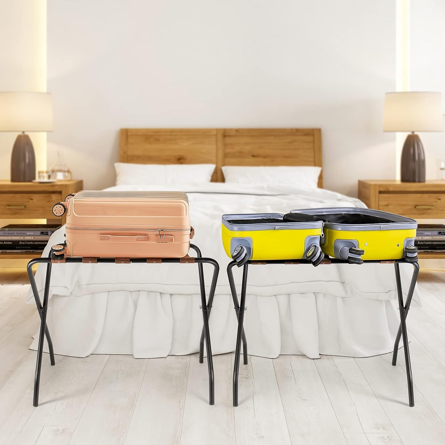 OFIDELITY Estante de equipaje, 1 unidad, estante plegable de metal para maleta con correas de nailon marrón y marco de acero, habitación de