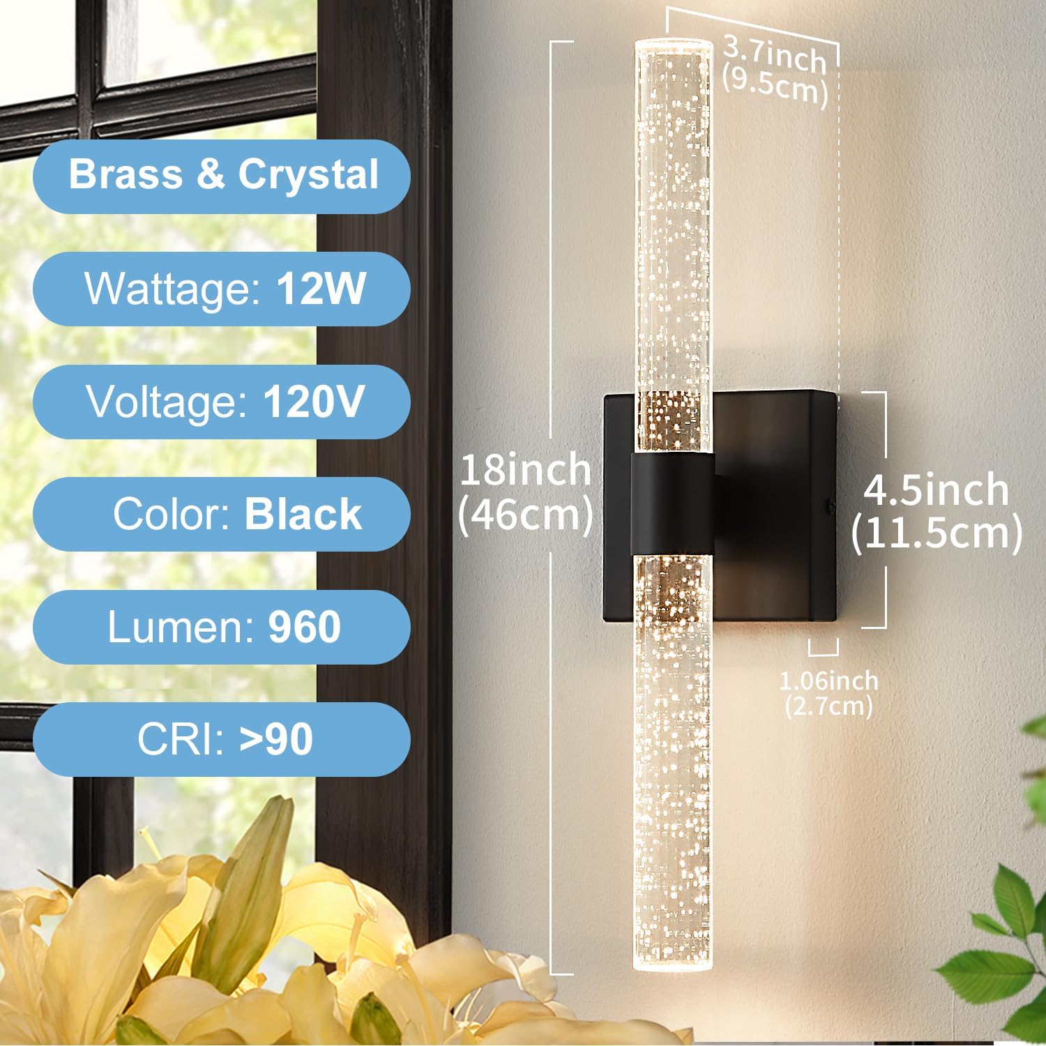 Biewalk Juego de 2 apliques de pared, apliques de tocador de baño, 12 W, regulable, LED, cristal negro, moderno aplique de pared para dormitorio,
