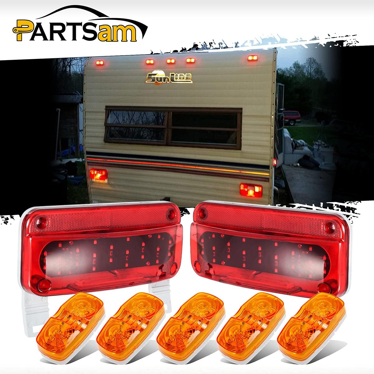 Partsam Kit de luces traseras de remolque para caravana, 5 luces LED ámbar de doble diana + 2 luces traseras LED rojas de freno con luz de licencia