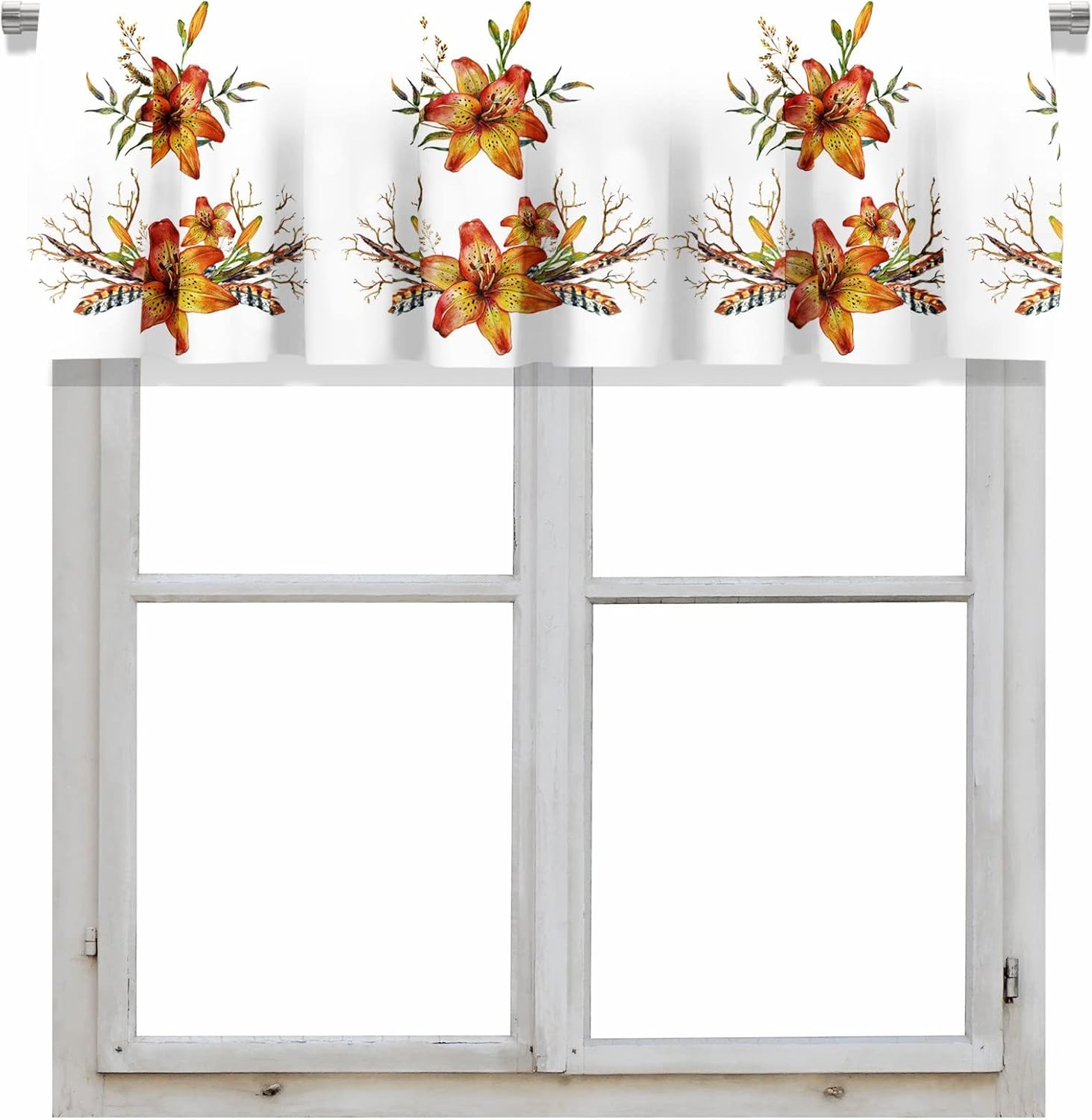Ramo de lirio de tigre en acuarela con bolsillo para cortinero de plumas, cenefa corta para cortina de ventana para decoración de cocina,