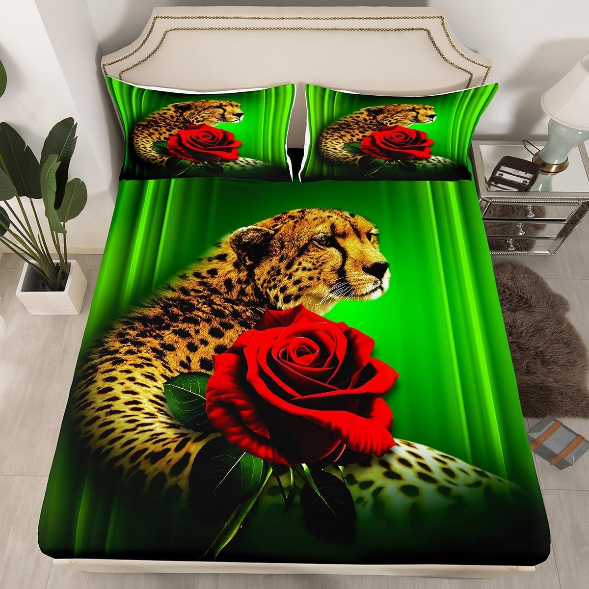 Sábanas de cama con diseño de rosas de guepardo, tamaño individual, estampado de leopardo, flores, juego de ropa de cama para niños, adolescentes,