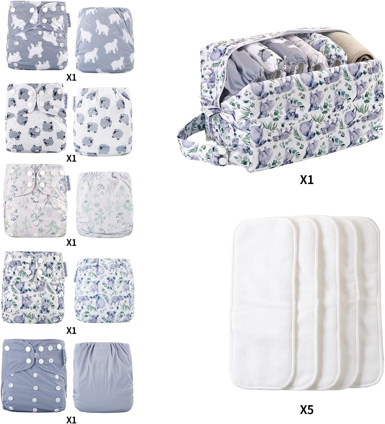 Pañales de tela lavables y reutilizables para bebés, talla única, con bolsillo ajustable, 5 unidades + 5 piezas de insertos de microfibra + una