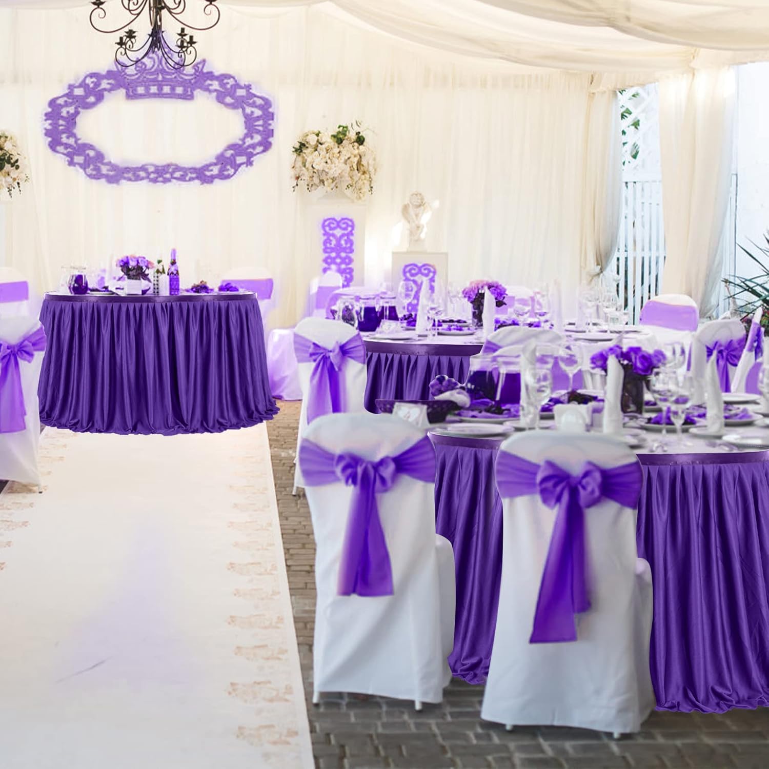 Partisky Falda de mesa de poliéster morado para mesas rectangulares de 17 pies, mantel plisado resistente a las arrugas para banquetes, bodas,