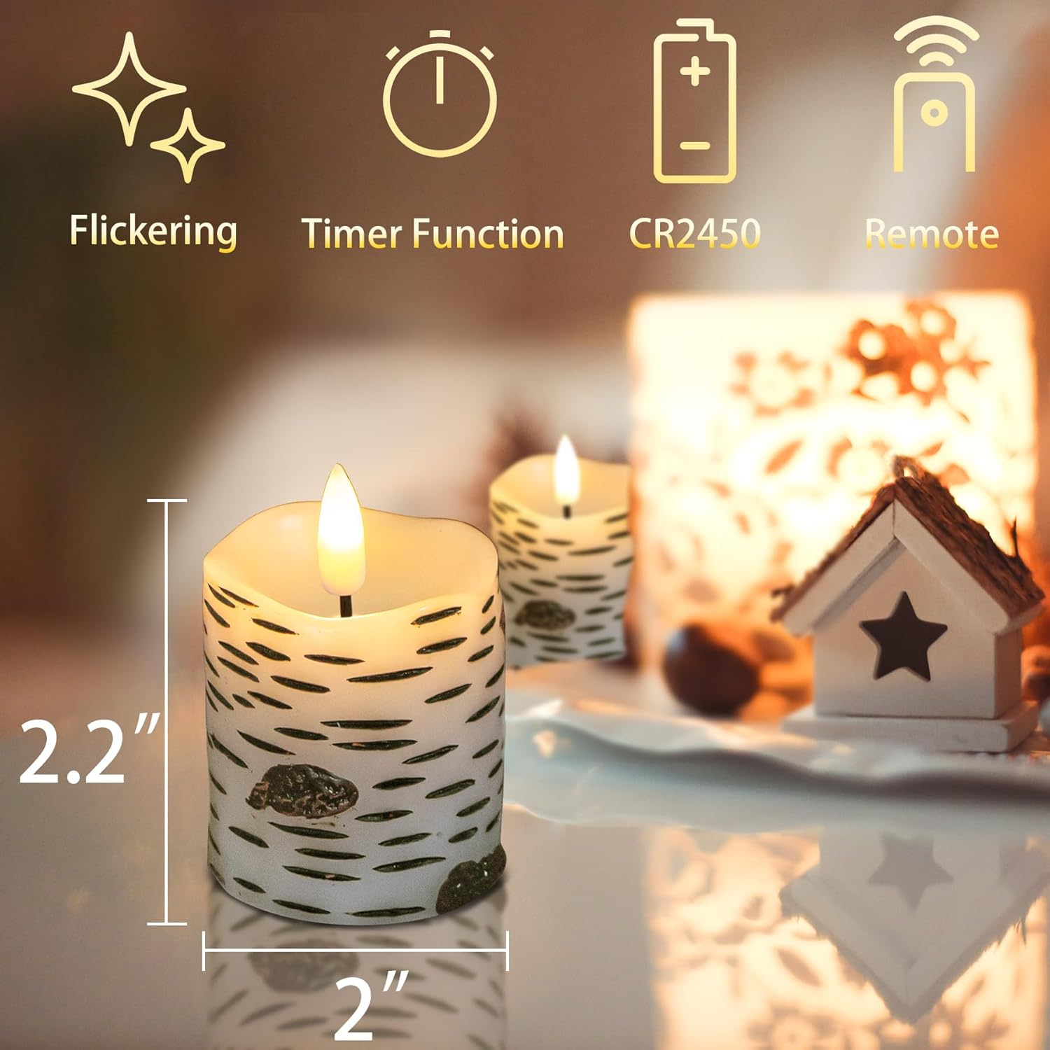 Velas LED sin llama, con temporizador remoto de corteza de abedul, funciona con pilas, parpadeantes de mecha 3D, paquete de 6 velas votivas de cera