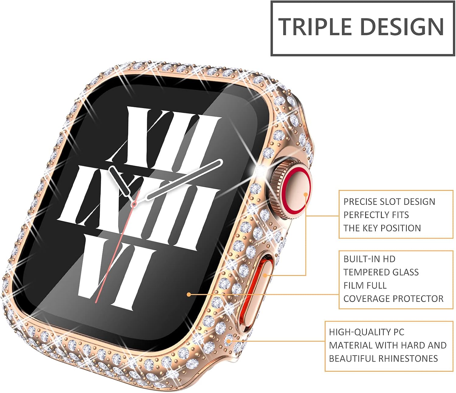 Fullife – Paquete de 3 carcasas con diamantes de cristal de imitación compatibles con Apple Watch de 1.57pulgadas, con protector con vidrio templado