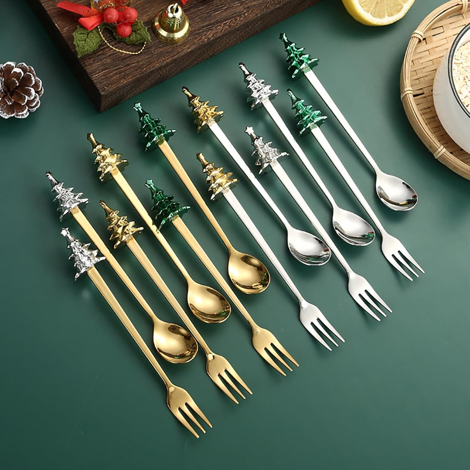 Juego de 6 cucharas de Navidad y tenedores con árbol de Navidad creativo, cucharas de acero inoxidable para café, postre, té, sopa, cucharas para