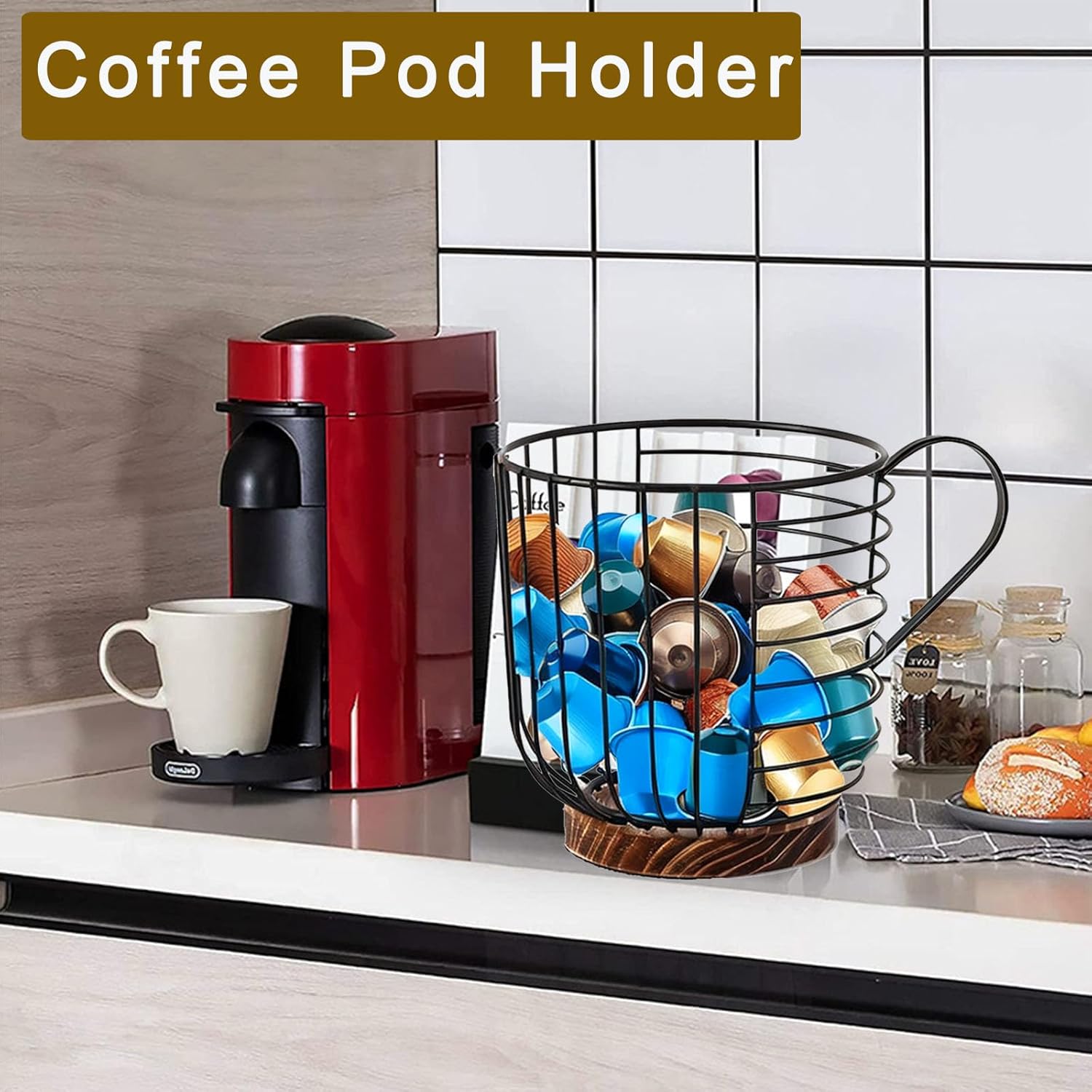 Soporte para cápsulas de café para mostrador, portavasos K para mostrador, soporte para filtro de café con base de madera, organizador de