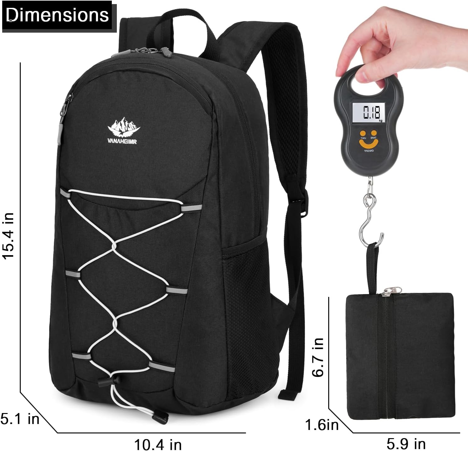 Mochila de senderismo ligera de 15 litros plegable pequeña mochila de viaje mochila de camping plegable para mujeres y hombres, Negro -, Mochilas de