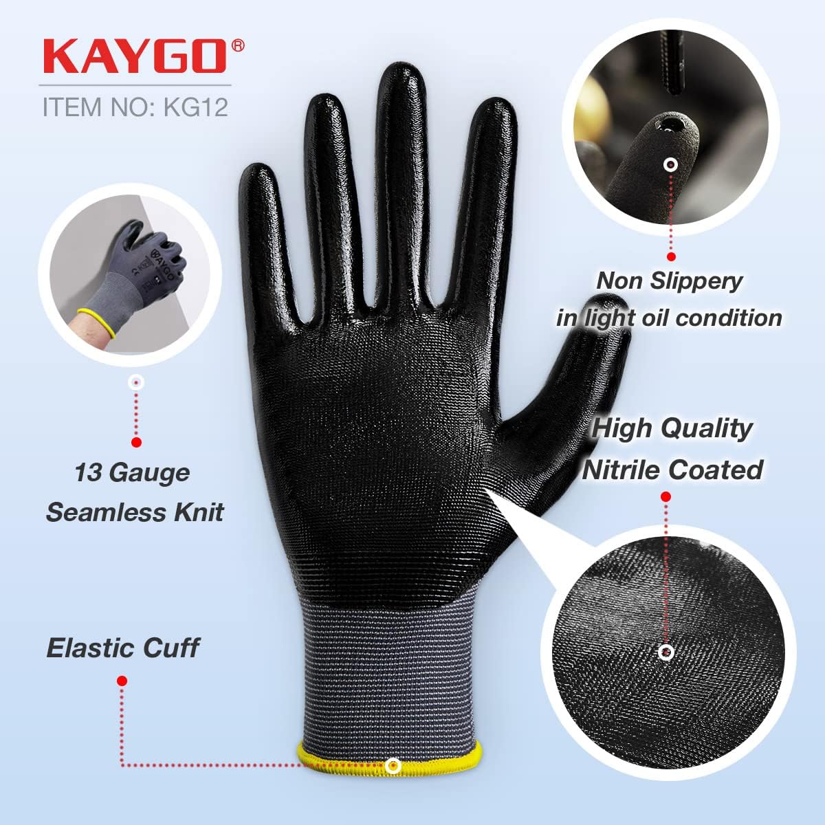KAYGO Guantes de trabajo con revestimiento de nitrilo, 6 pares KG12N, guantes de trabajo de seguridad con buen agarre para hombres y mujeres,
