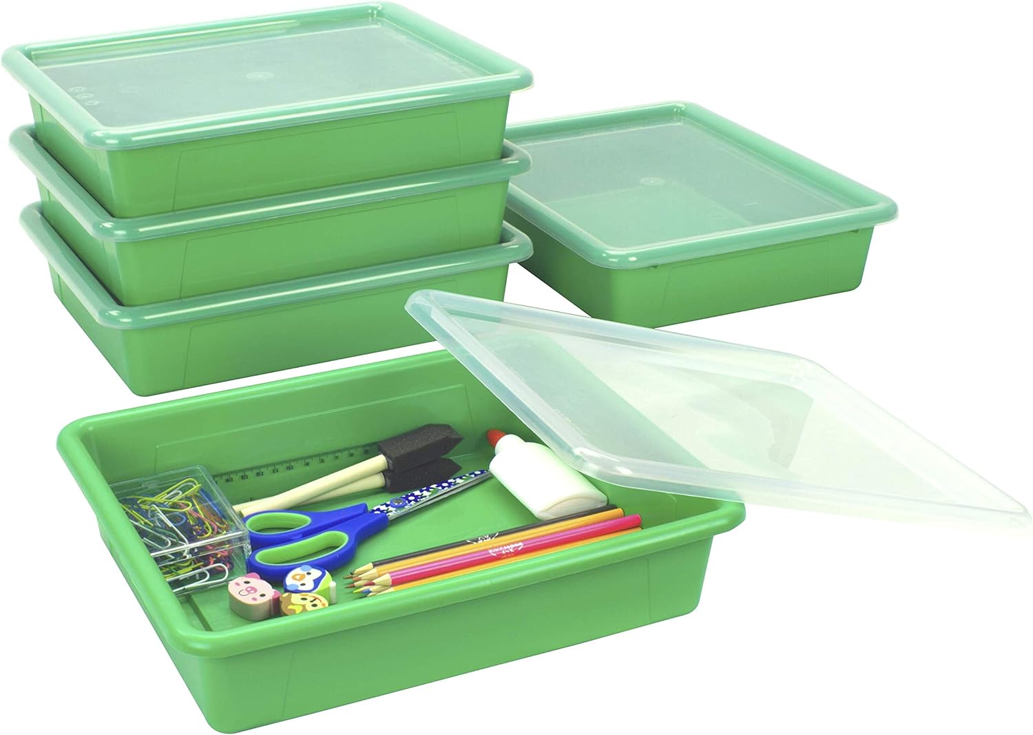 Storex Bandeja de almacenamiento plana tamaño carta, contenedor organizador con tapa sin broches para aula, oficina y hogar, verde, paquete de 5