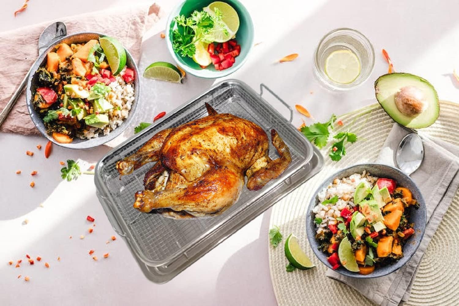 Cesta de acero inoxidable para freidora de aire para horno, bandeja para verduras de acero inoxidable y bandeja de sartén y recogedor de grasa,