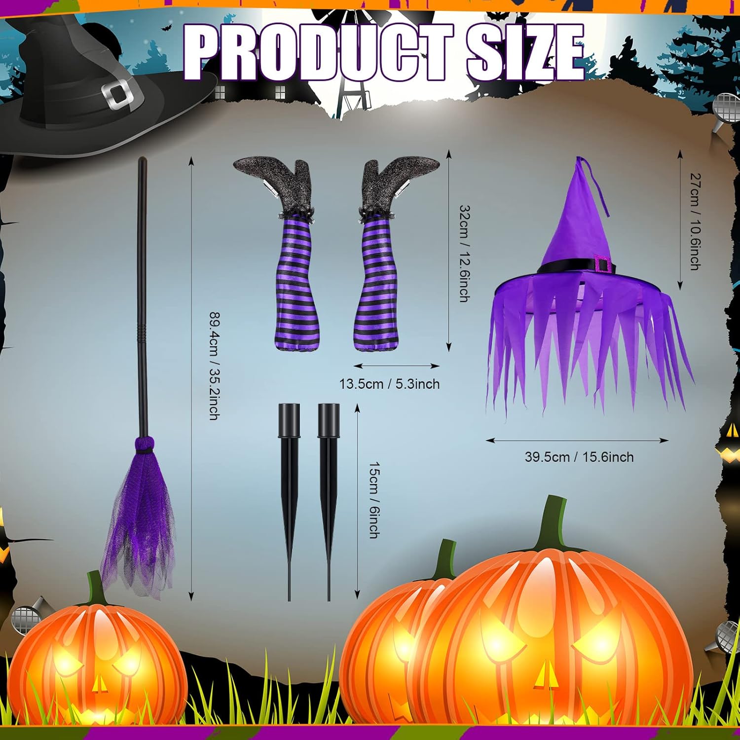 Juego de 4 piezas de patas de bruja boca abajo para Halloween, patas de bruja moradas malvadas, decoraciones con escoba y sombrero de bruja para