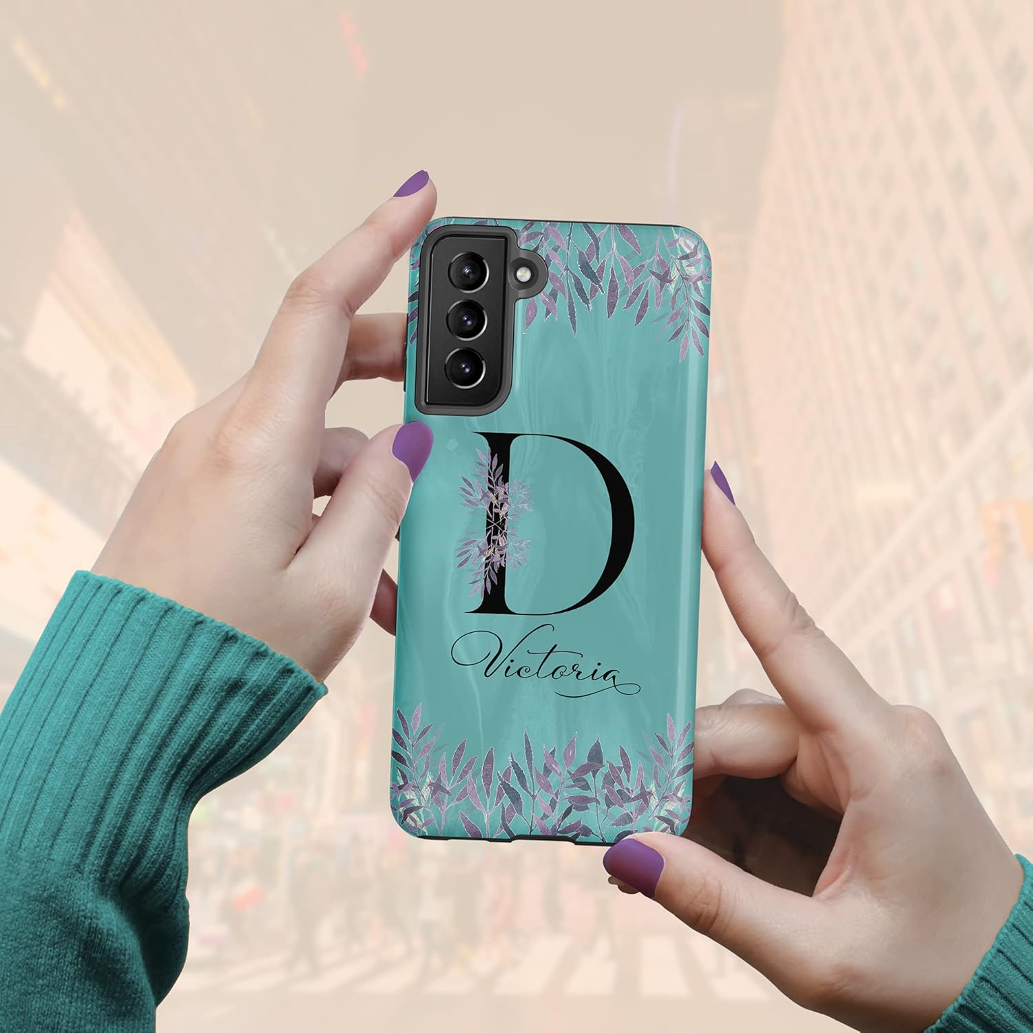 Funda con inicial de monograma verde azulado, diseño floral con nombre, diseñada para Samsung Galaxy S24 Plus, S23 Ultra, S22, S21, S20, S10, S10e,