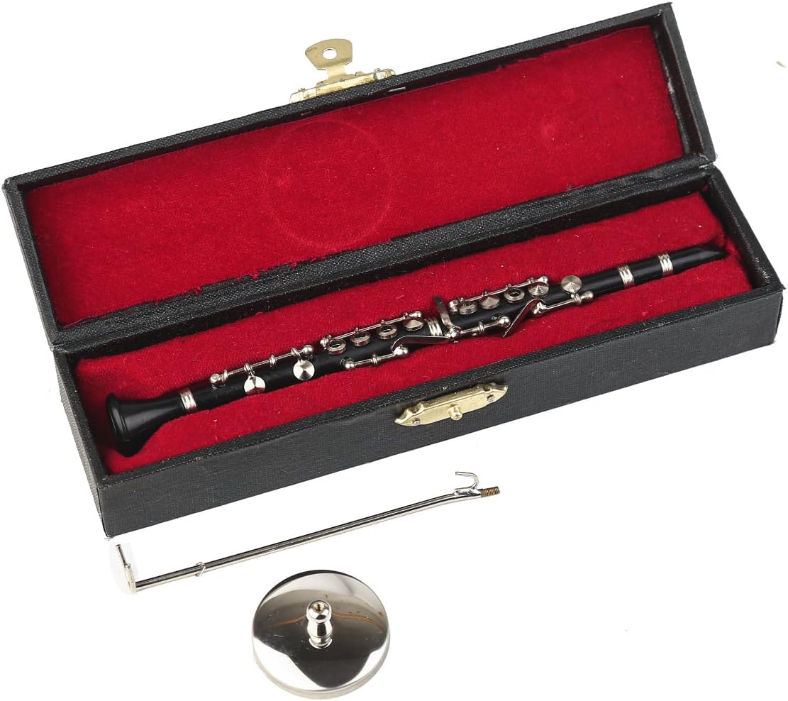 Dselvgvu – Clarinete miniatura con soporte y estuche, mini instrumento musical réplica en miniatura, modelo de casa de muñecas, mini clarinete para