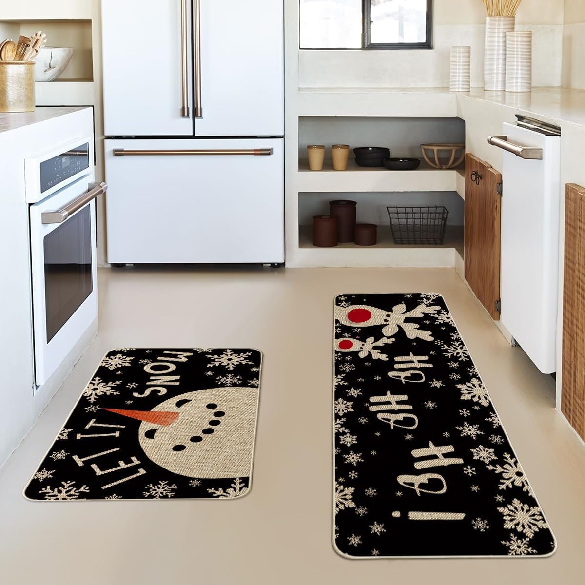 Artoid Mode Juego de 2 alfombrillas de cocina navideñas con diseño de muñeco de nieve, ciervo, con diseño de copos de nieve, decoración de invierno,