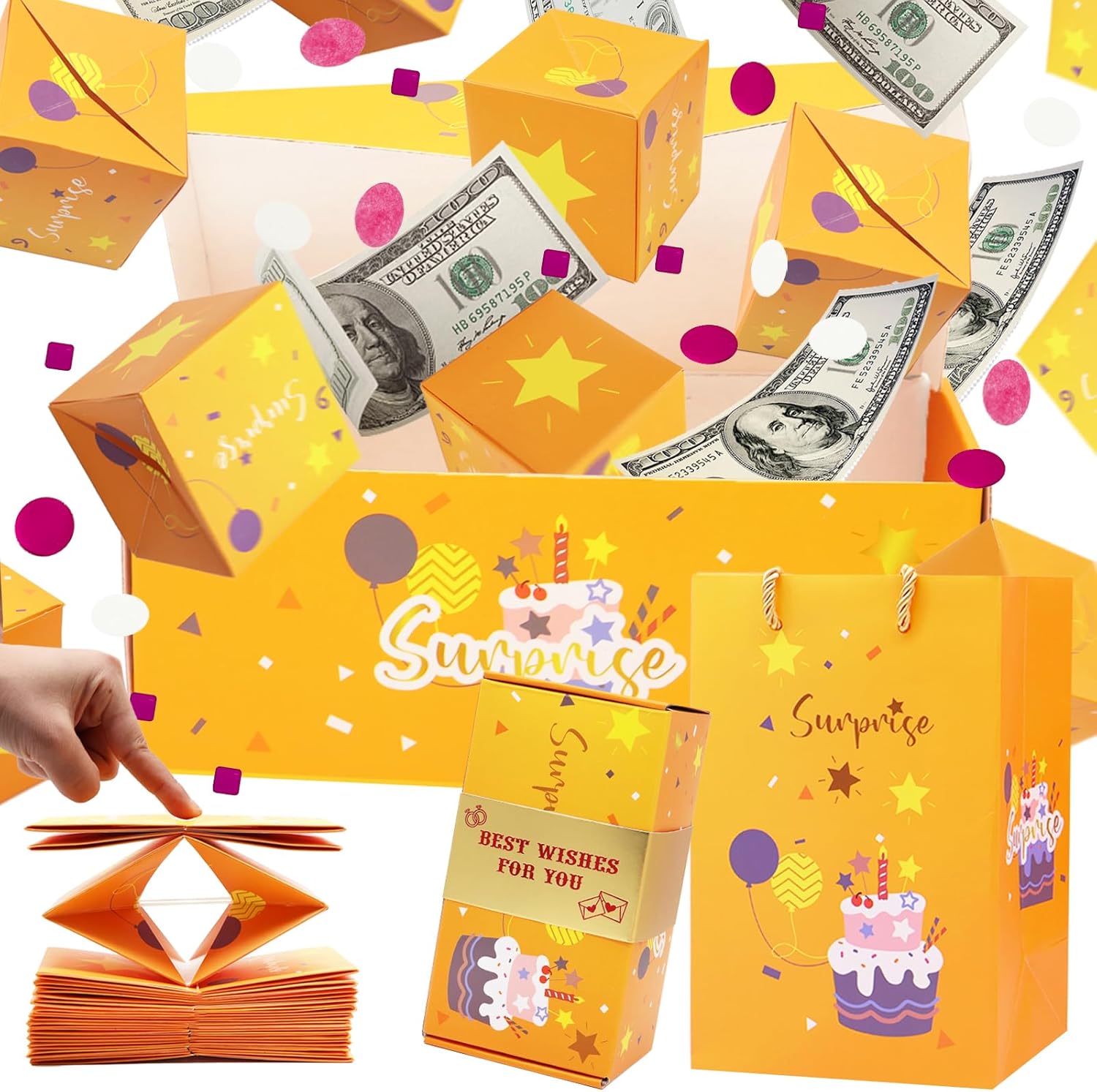 Caja de regalo sorpresa con explosión de dinero, caja de regalo única plegable de sobre rojo con confeti, caja de regalo de lujo de explosión en