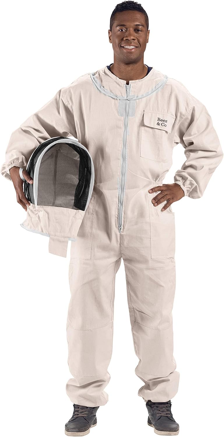 Bees & Co Traje de apicultor de algodón natural con velo de esgrima y guantes de piel de cabra (grande)