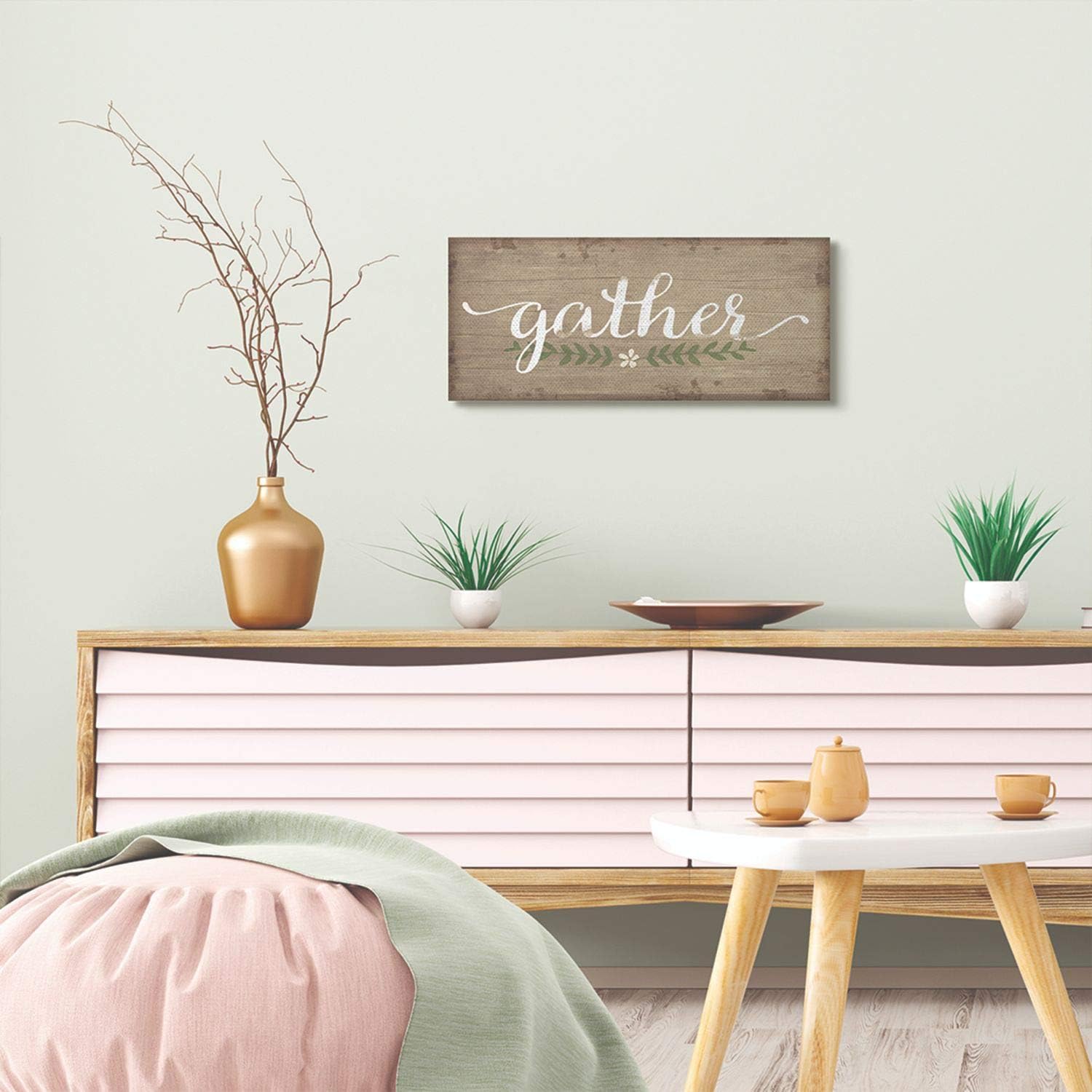 Stupell Industries Lienzo decorativo para pared con texto en inglés “Gather Wood” con textura familiar, 10 x 24 pulgadas, diseño de la artista