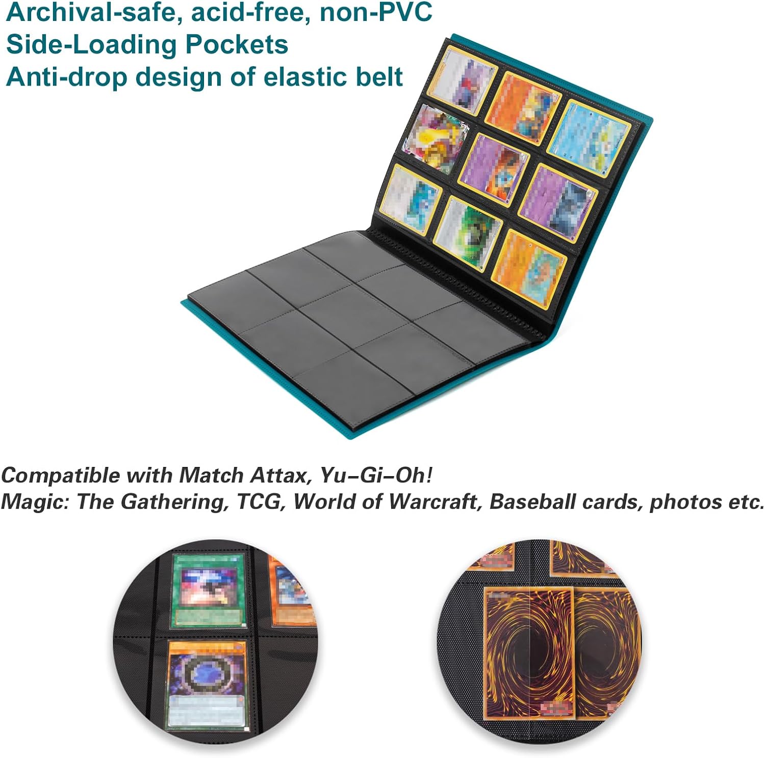 GEAoffice Carpeta de tarjetas, carpeta de álbum de tarjetas intercambiables de 9 bolsillos, carpeta de 360 bolsillos laterales para tarjetas TCG,