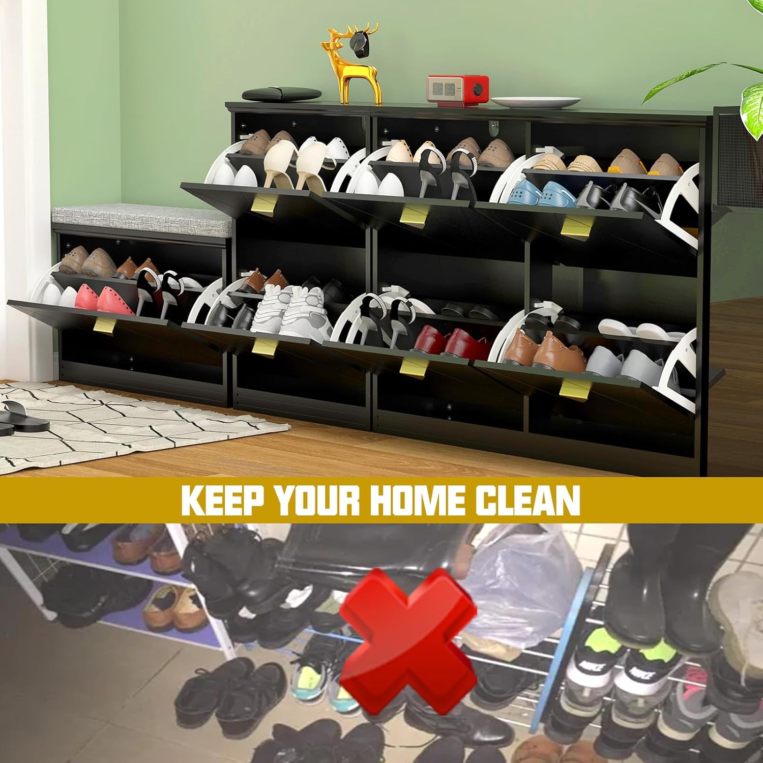 Shoe Cabinet with 2 Flip Drawers, Free Standing Tipping Bucket Shoe Rack Organizer with Adjustable Shelf, Shoe Storage Cabinet