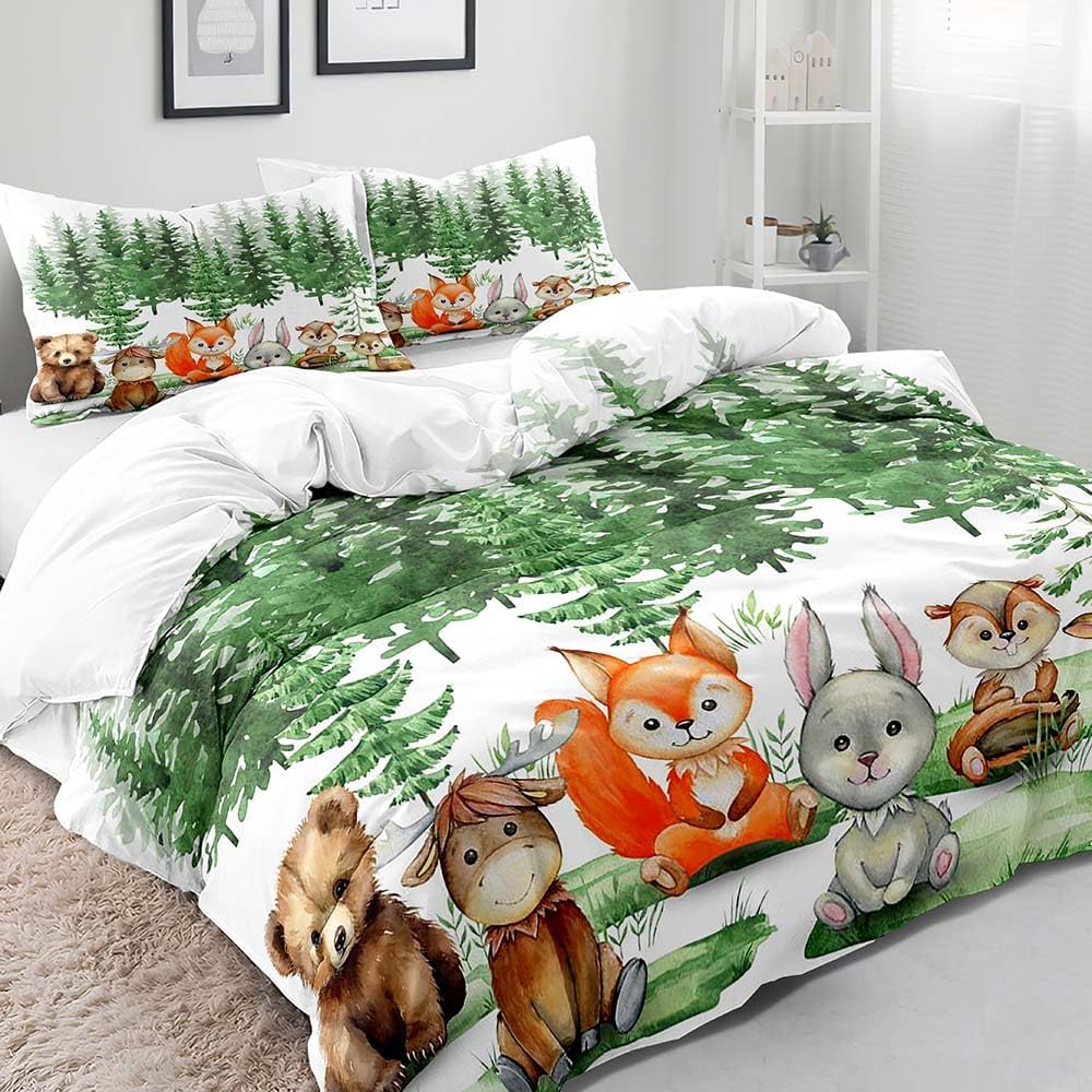 LUVIVIHOME Juego de ropa de cama de 2 piezas con diseño de oso y ciervo, alce, conejo, ardilla, zorro, funda de edredón individual, ropa de cama