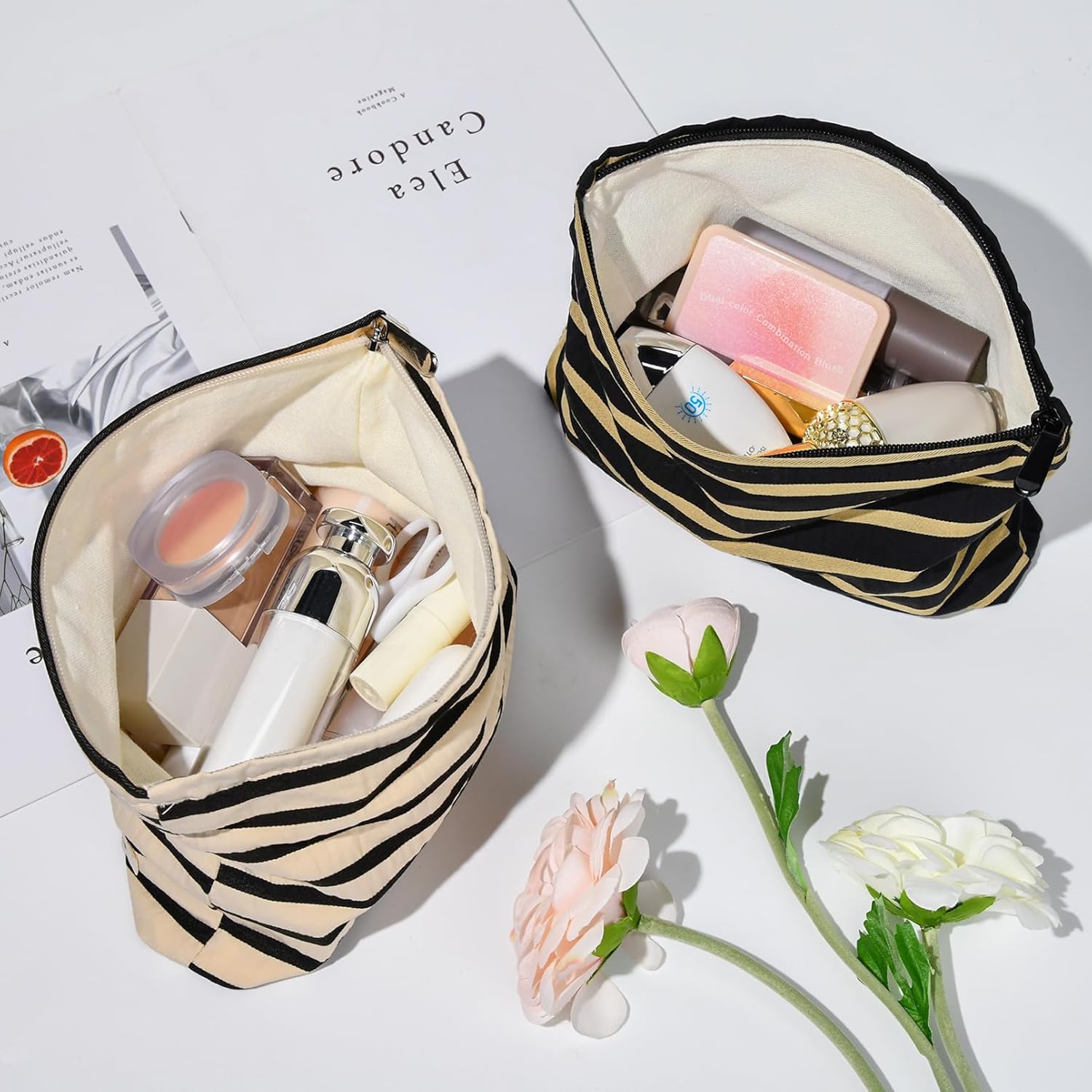 Bolsa de maquillaje de 2 piezas, bolsa grande de cosméticos a rayas, color negro y blanco, bolsa de aseo de viaje, organizador de brochas de