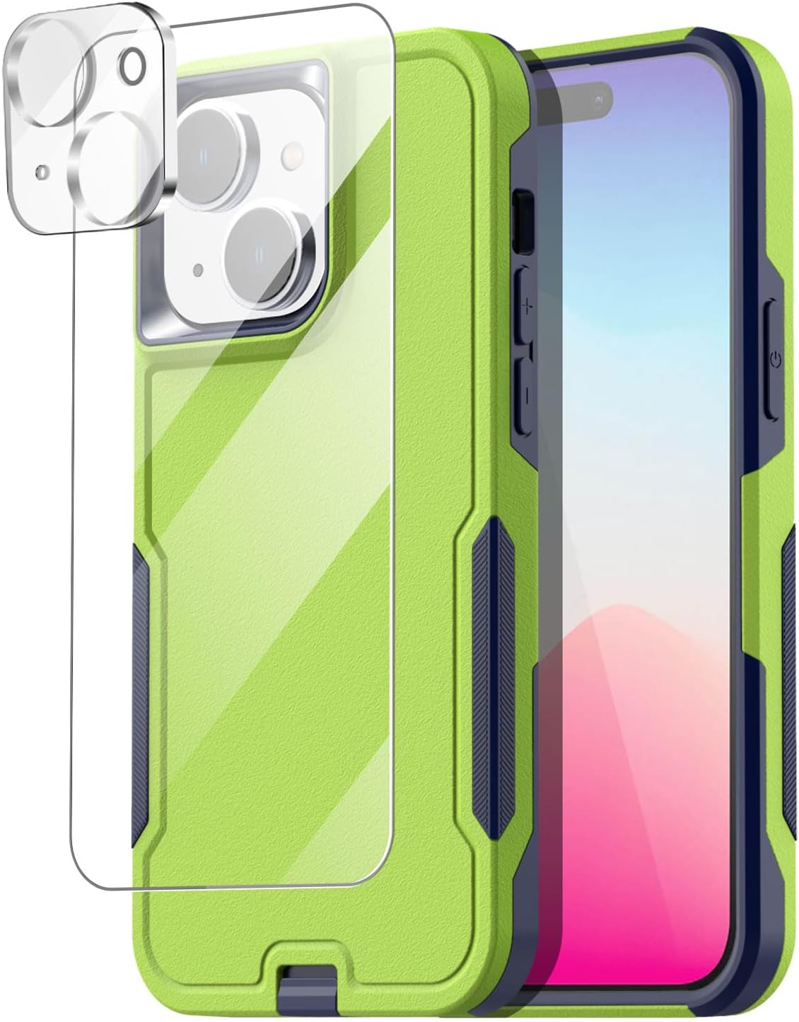 AICase Funda para iPhone 15 Plus con protector de pantalla de vidrio + lente de cámara, resistente protección contra caídas, cuerpo completo,