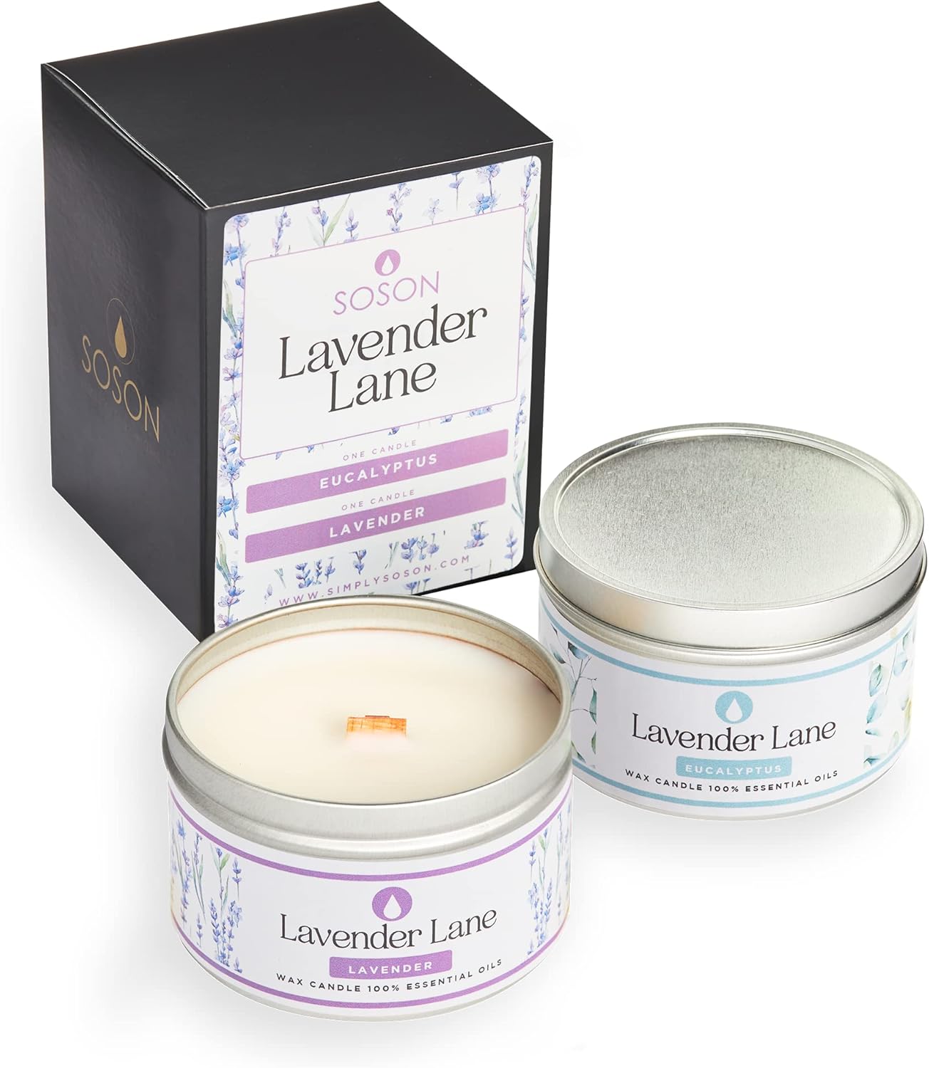 Simply Soson Velas de lata de eucalipto y salvia, lavanda, paquete de 2 velas de mecha de madera agrietada para el hogar, velas de aromaterapia para
