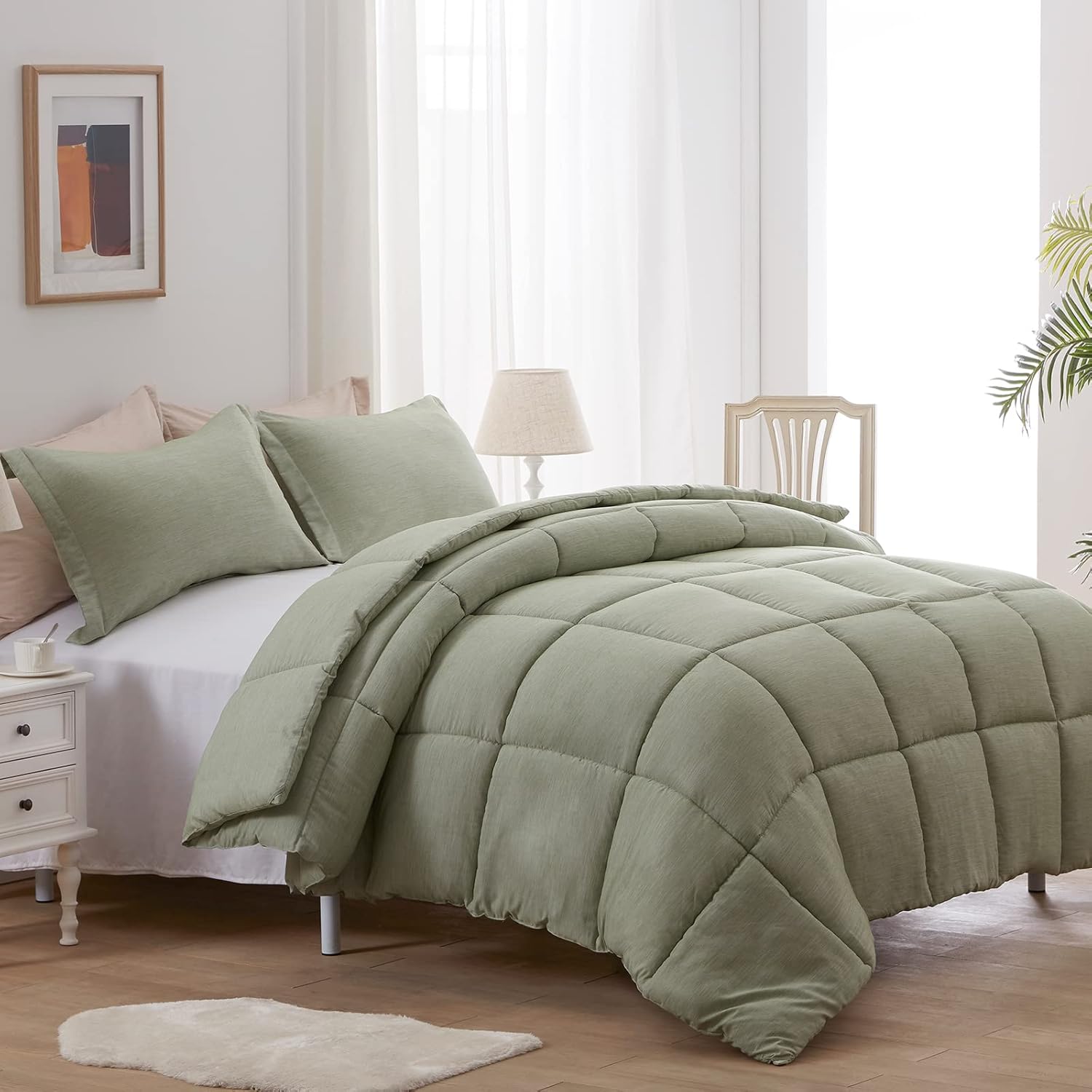 NexHome Juego de edredón Queen de 3 piezas, 100% microfibra lavada suave, ligero, edredón de ropa de cama de teñido catiónico verde con 2 fundas de