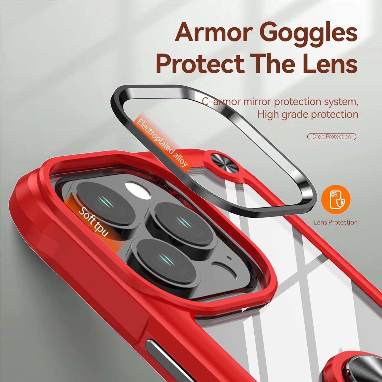 Funda para iPhone 13 Pro, placa trasera acrílica+TPU+diseño de agujero de cuerda, funda protectora para prevención de caídas, con anillo giratorio
