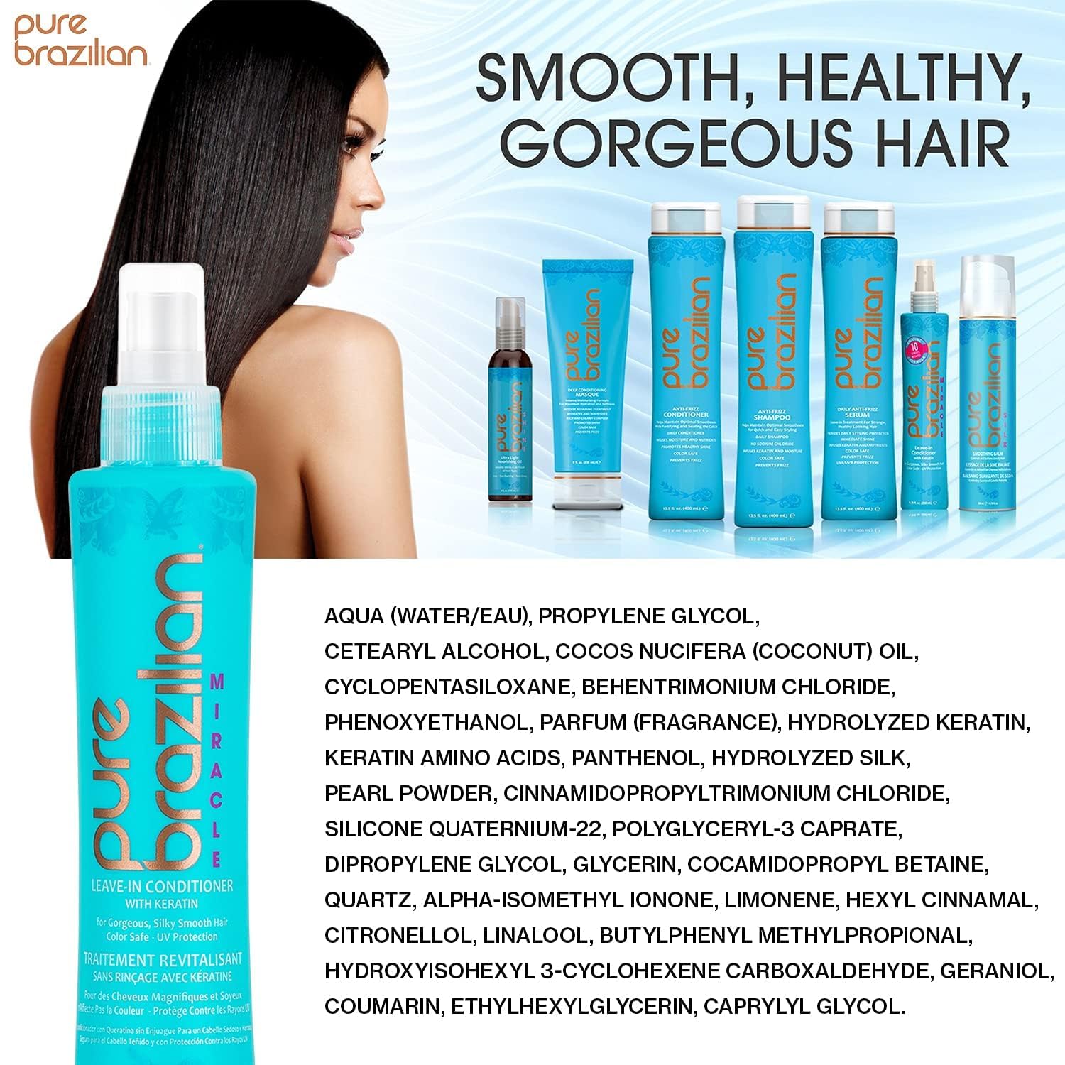 Pure Brazilian Acondicionador sin enjuague, tratamiento nutritivo para el cabello sin enjuague enriquecido con queratina para fortalecer y