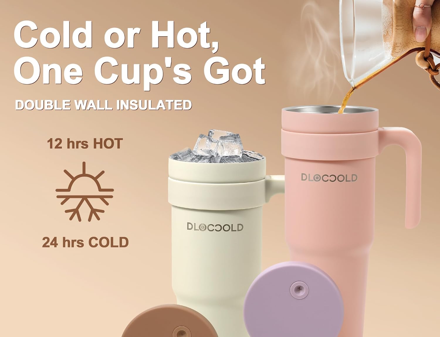 DLOCCOLD Vaso de 40 onzas con asa y tapa con popote, taza aislada al vacío, reutilizable, de acero inoxidable, taza de viaje para bebidas calientes