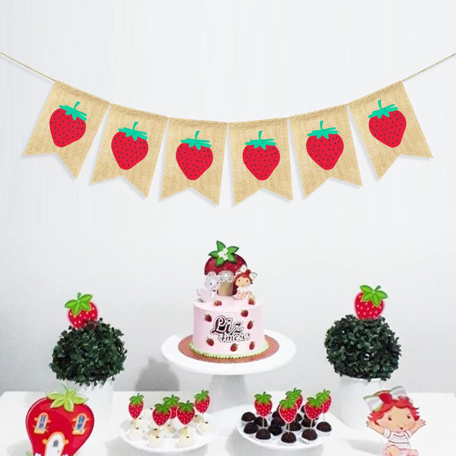 Guirnalda de arpillera de fresa, decoración de fiesta de cumpleaños con temática de fresa, suministros de decoración de fiesta de cumpleaños,