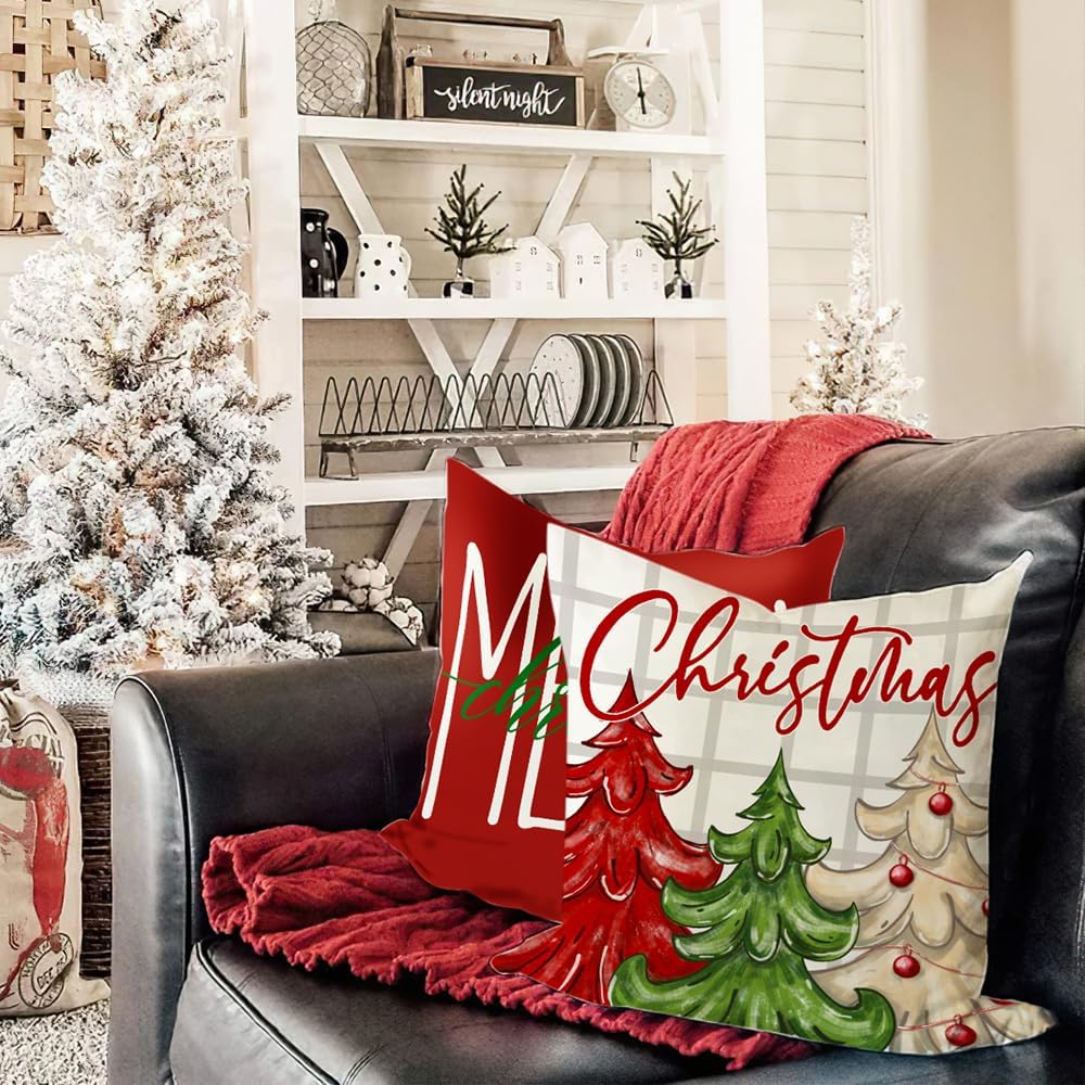 DFXSZ Juego de 4 fundas de almohada de Navidad de 18 x 18 pulgadas, diseño de árbol de Navidad, Papá Noel, decoración de casa de campo para el