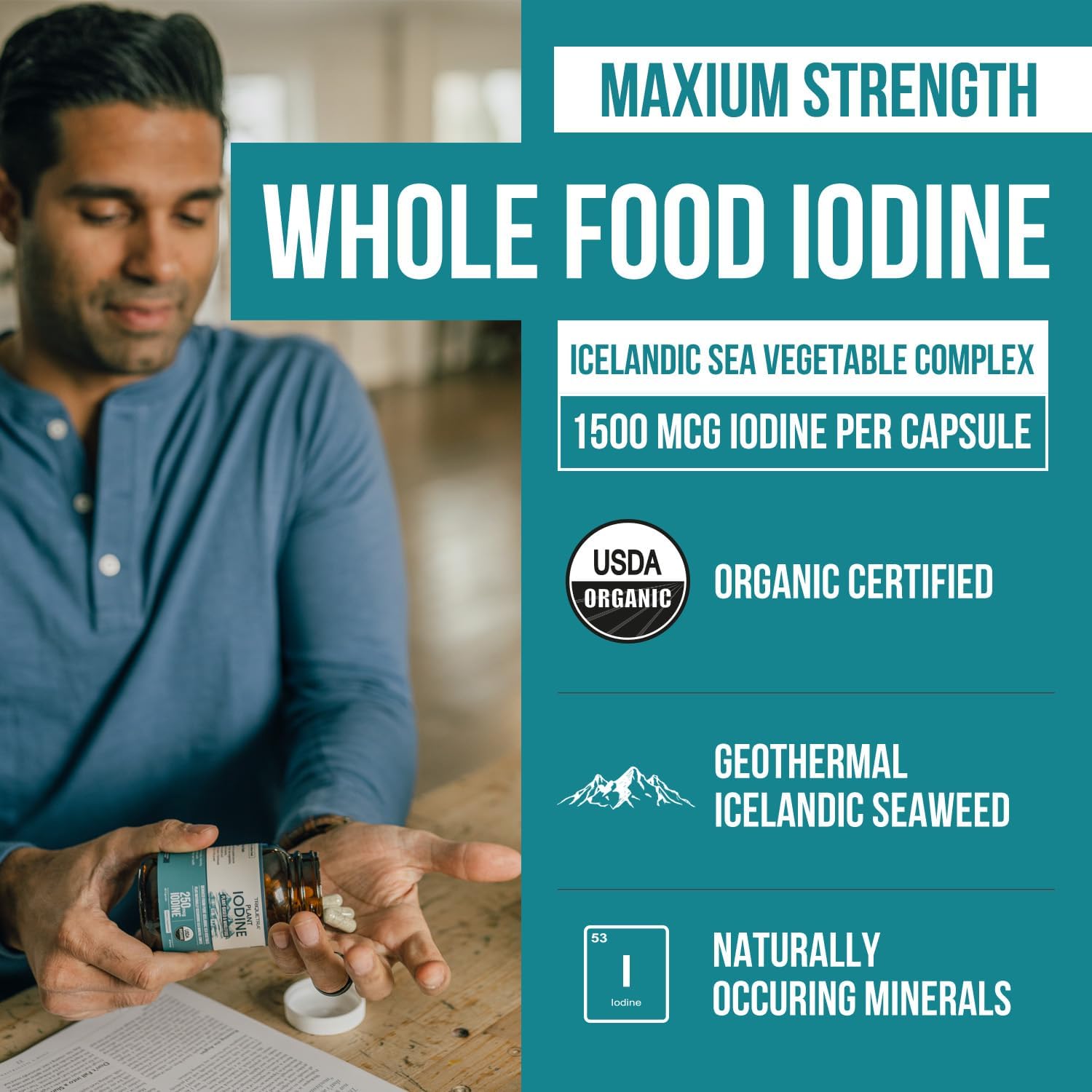 Suplemento de yodo orgánico  1,500 mcg de yodo, fuerza máxima  del complejo de vegetales marinos, alimentos integrales y forma cruda  Contiene algas