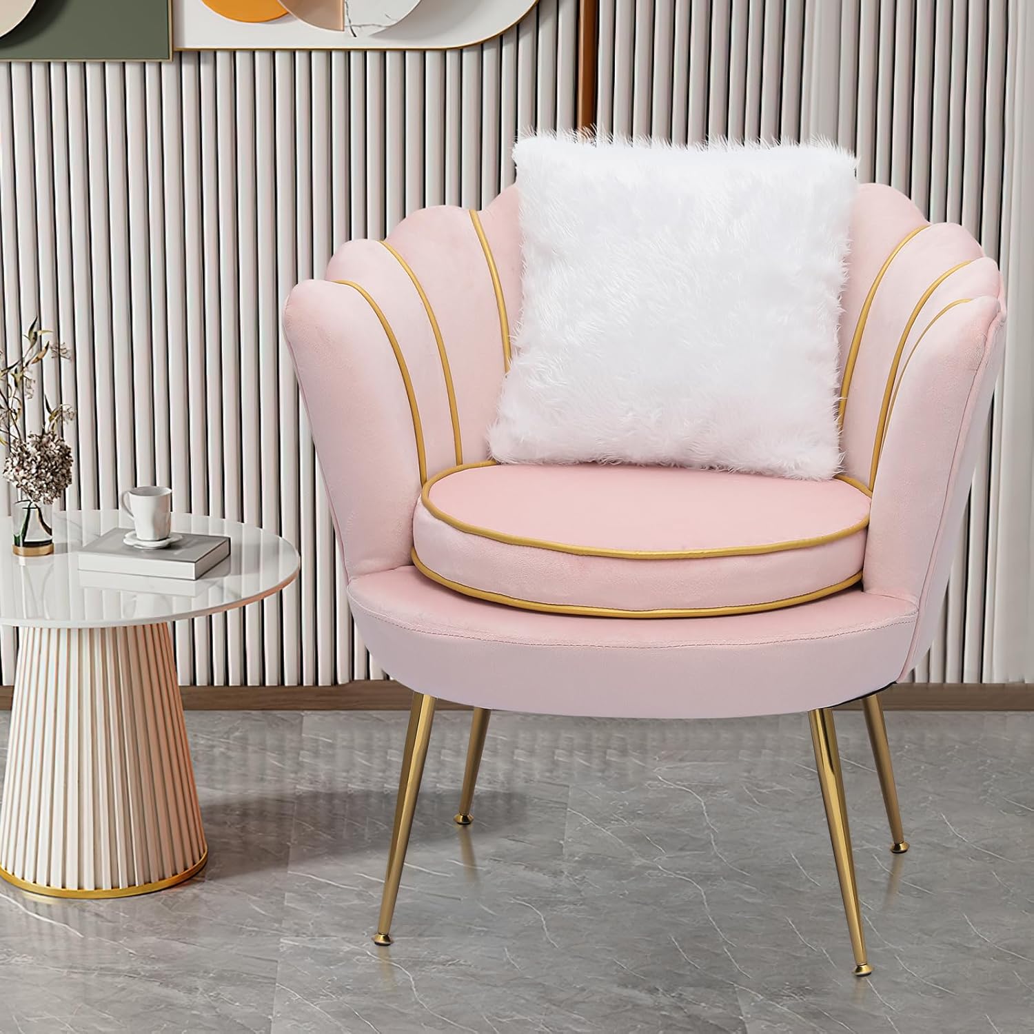 Magshion Moderno sillón tapizado de terciopelo con respaldo festoneado con patas doradas y almohada suave para sala de estar, cómoda silla de