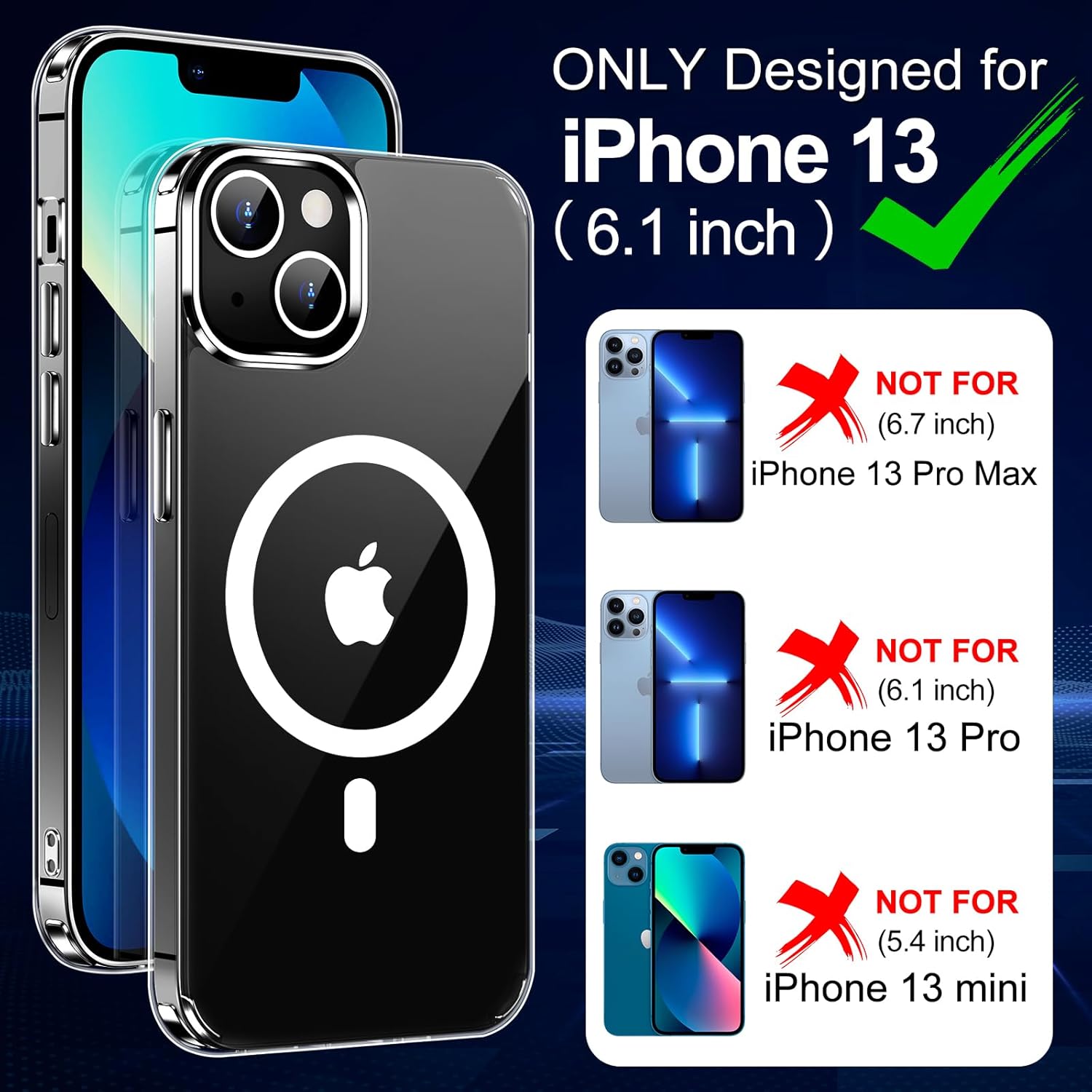 Funda para iPhone 13, compatible con Magsafe antiamarilleo con protector de pantalla, delgada funda delgada de 10 pies a prueba de golpes de 6.1
