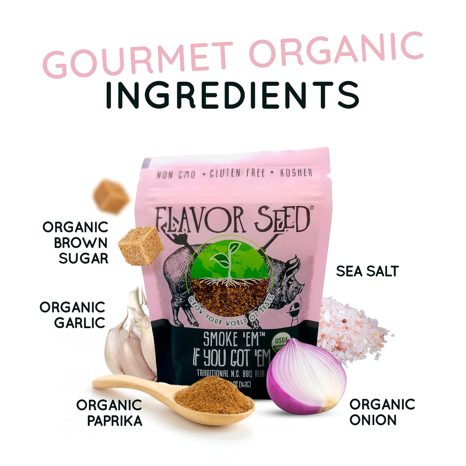 Flavor Seed Smoke ‘Em If You Got ‘Em Organic Carolina BBQ Rub. Dulce y picante. Para carne de res, pollo y cerdo. Condimentos y especias sin gluten