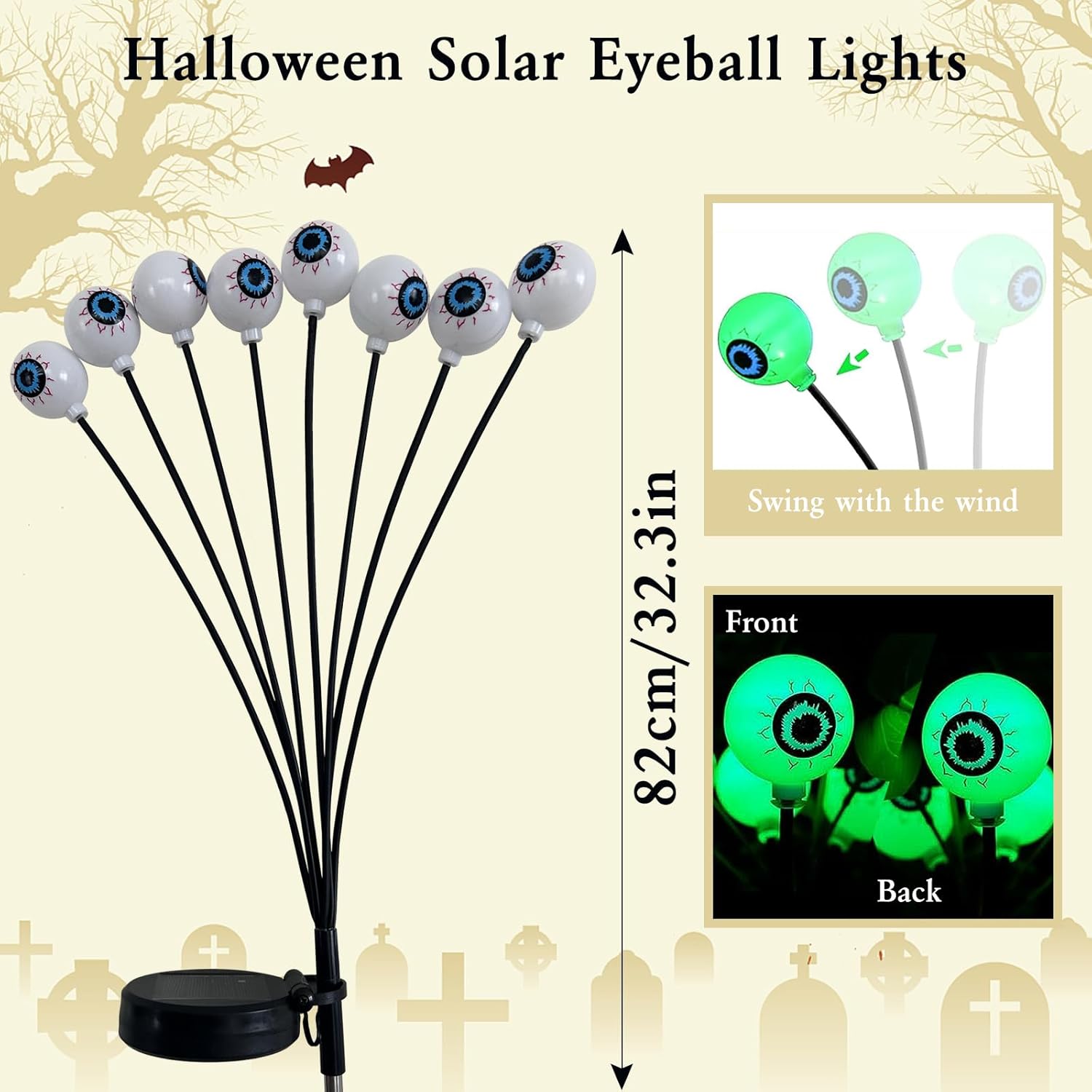 2 luces solares de Halloween al aire libre, 16 LED impermeables aterradoras decoraciones de Halloween, luces solares de Halloween, luces de