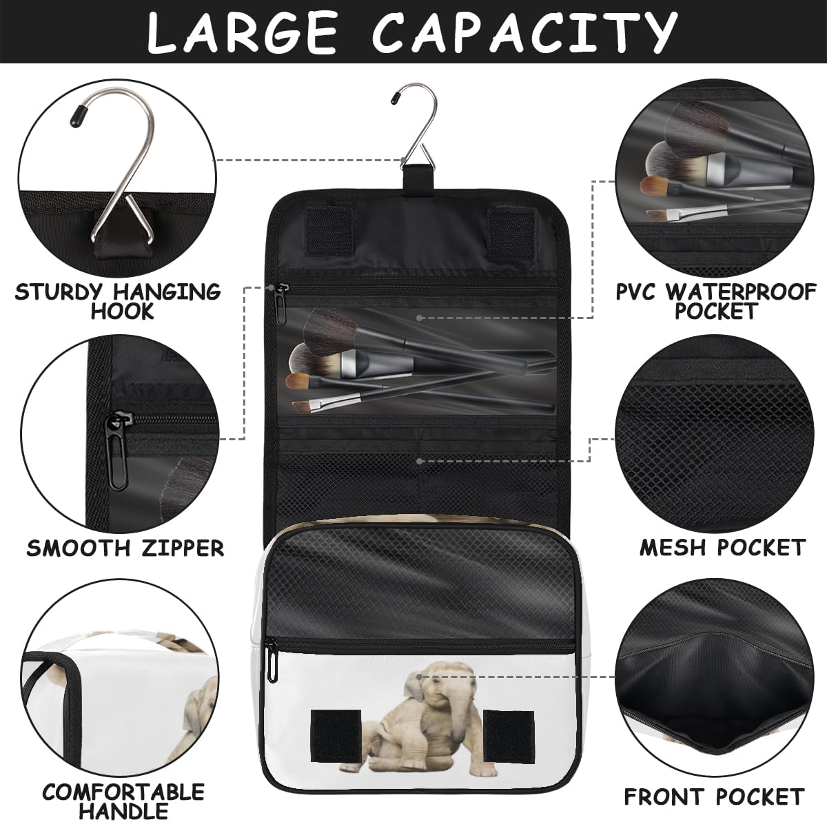 QsirBC Bolsa de aseo de elefante lindo de animales para mujer, organizador de maquillaje de viaje con gancho para colgar, bolsas de cosméticos de