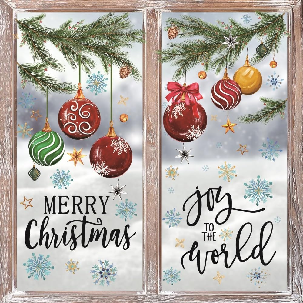 Horaldaily 221 calcomanías de Navidad para ventana, bolas de Navidad, ramas de nieve para el hogar, suministros de fiesta, tienda, ventana,