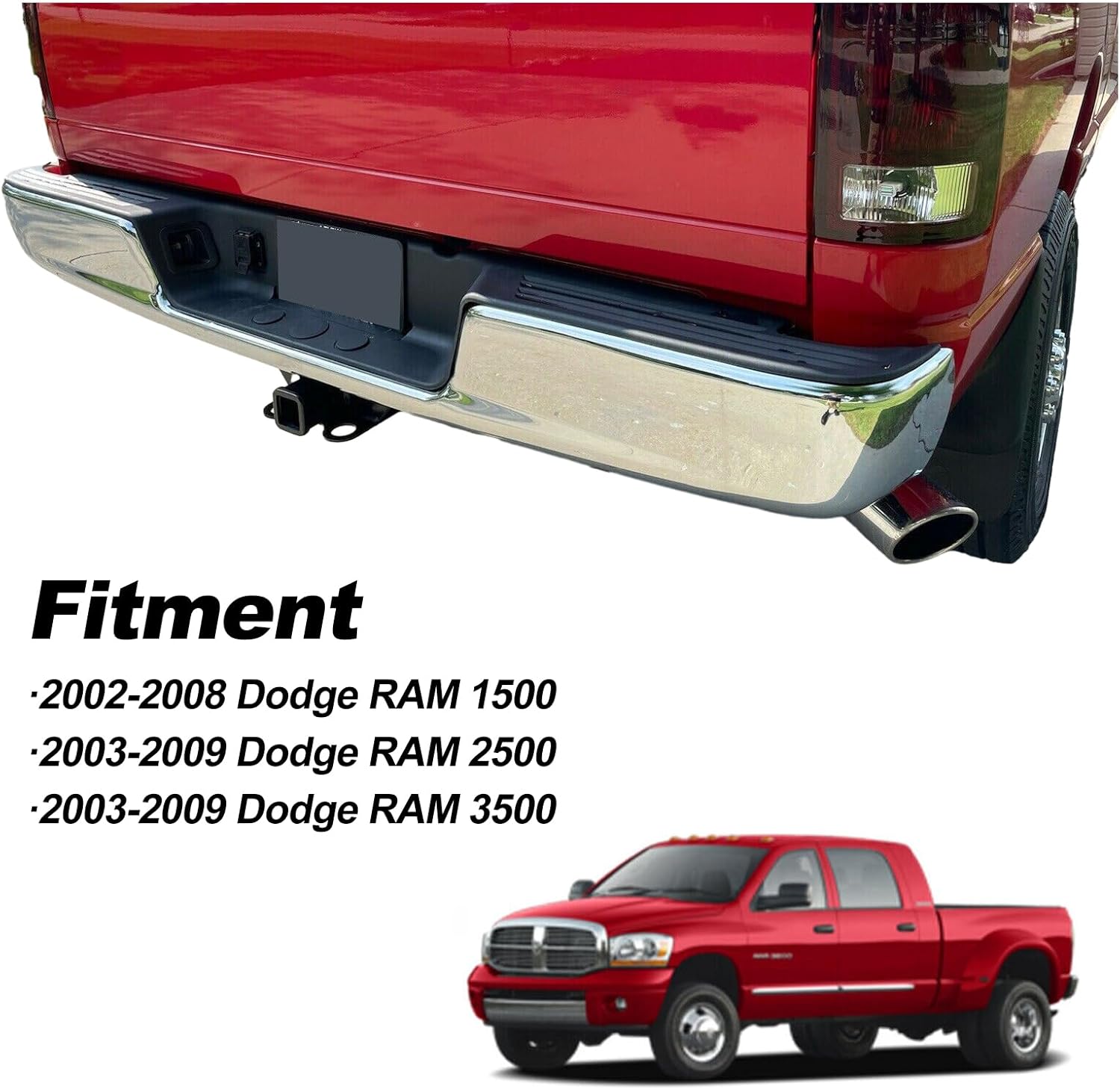 Conjunto de parachoques trasero compatible con Ram 1500 2002-2008 2003-2009 Ram 2500 3500, parachoques de acero cromado de camioneta con soportes de