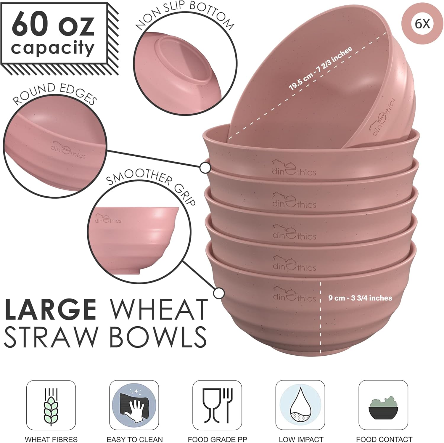 DINETHICS Juego de 6 cuencos grandes de 60 onzas, cuencos de paja de trigo, cuencos irrompibles aptos para microondas – Cuenco grande para cereales