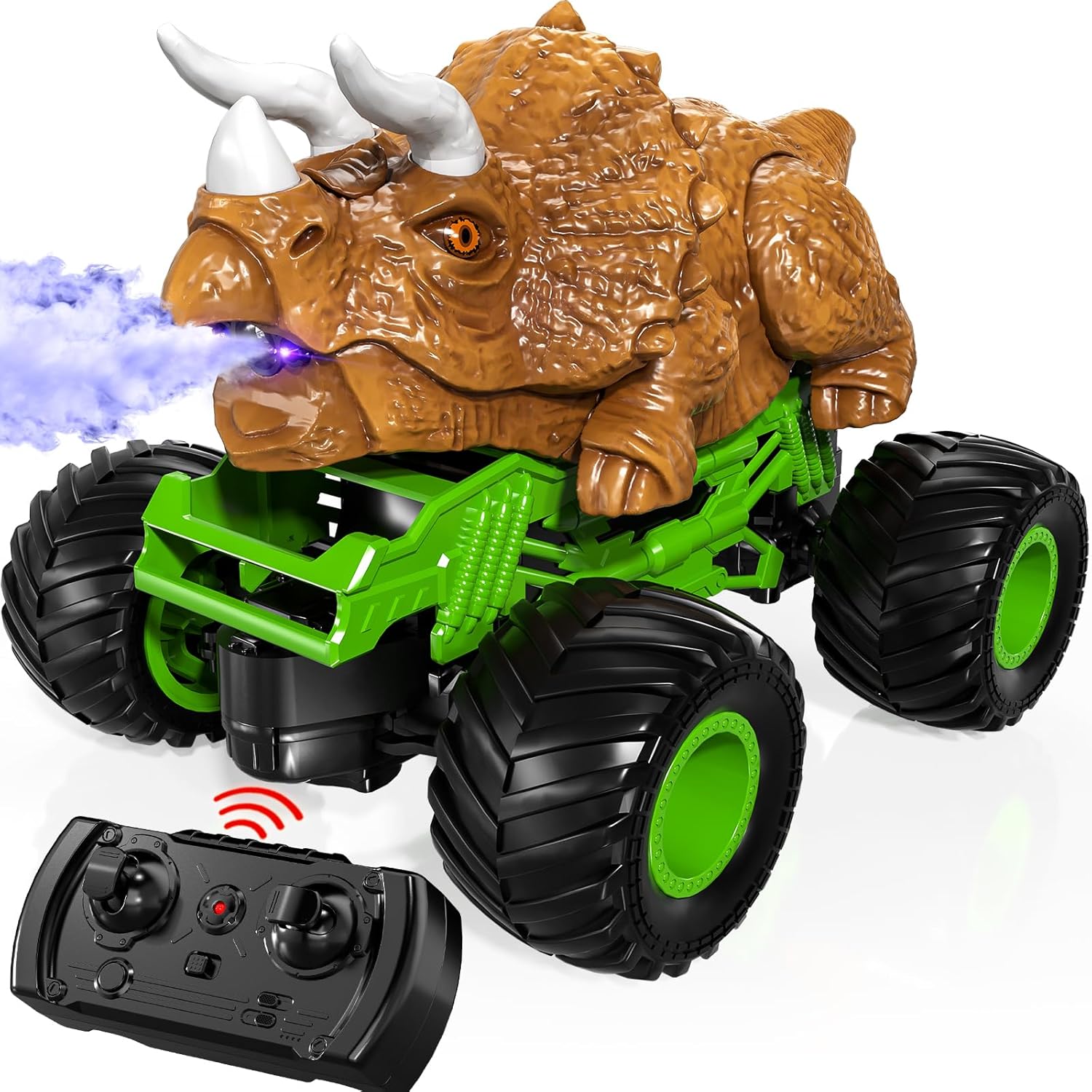 TEMI Juguete de coche Triceratops con control remoto 124, camión monstruo con rugido, luz y niebla para niños de 3 a 7 años, camión de dinosaurio