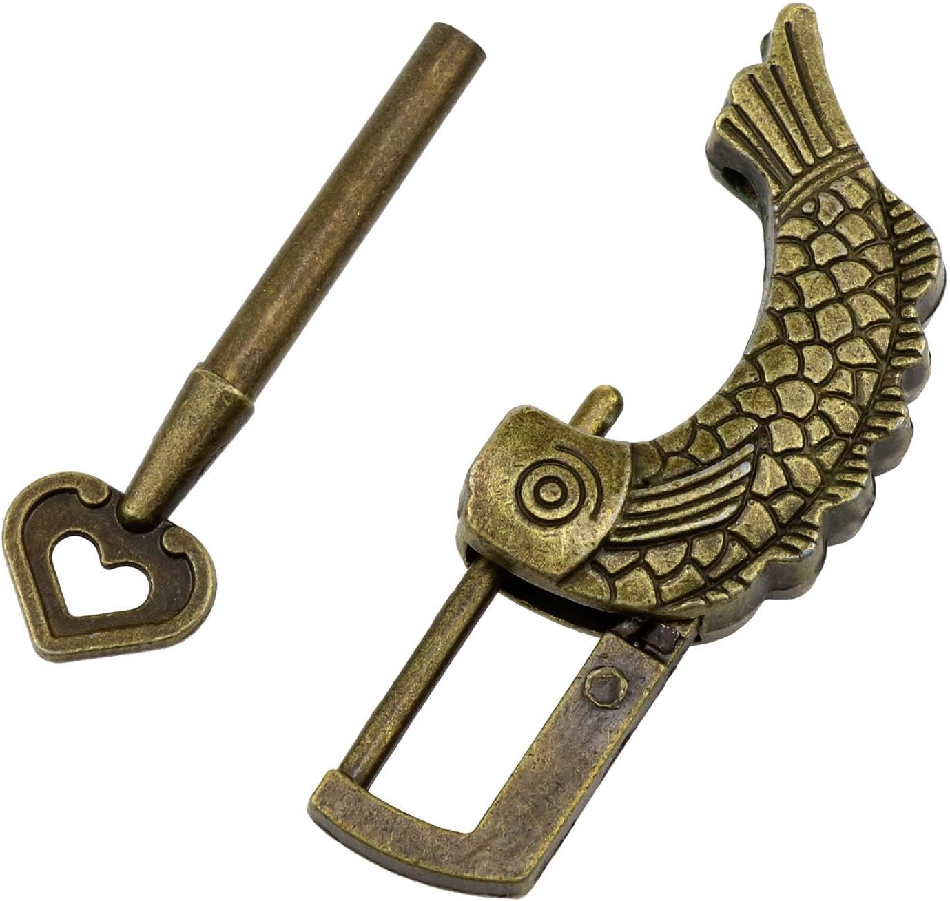 Candado retro en forma de pez con forma de pez de bronce, cerradura vintage con patrón de pescado con llave para joyero, maleta de madera, cajones