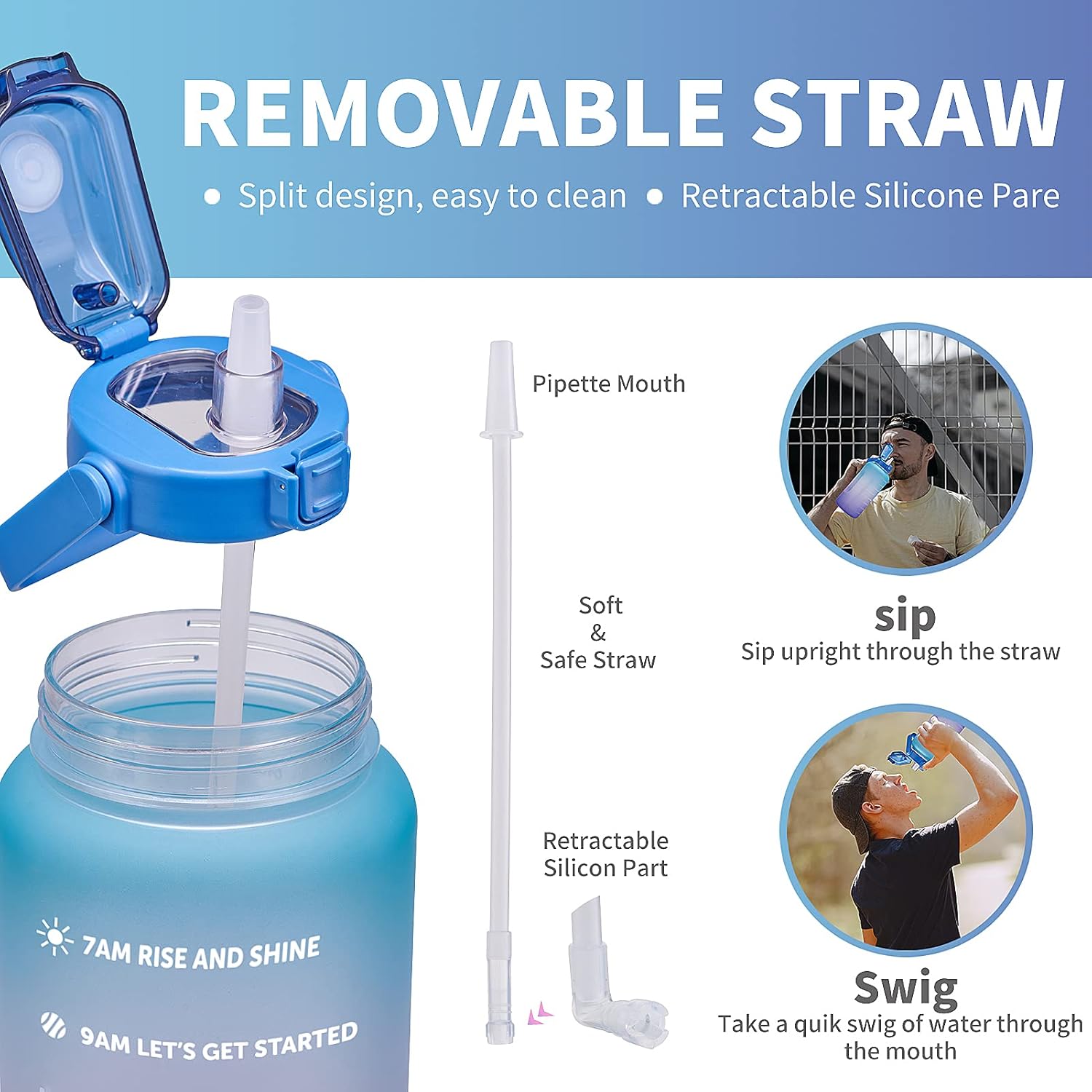 Botella de Agua Motivacional Grande de 64, 100 y 128 onzas, con marcador de tiempo, a prueba de fugas, sin bisfenol A, Botella Grande de agua de