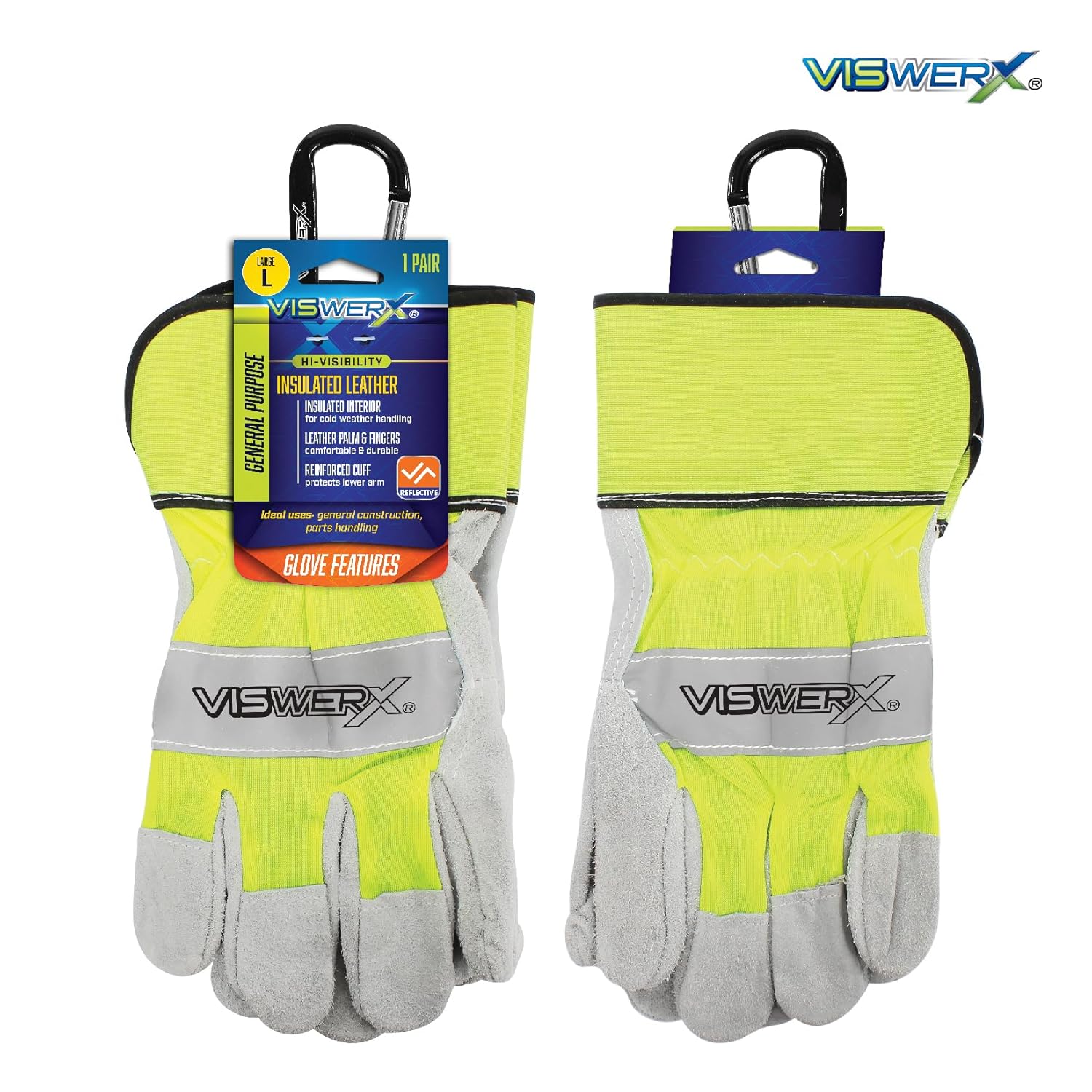 Guante de palma de cuero dividido con forro de alta visibilidad, interior aislado y puño reforzado, guantes de trabajo resistentes, guantes de