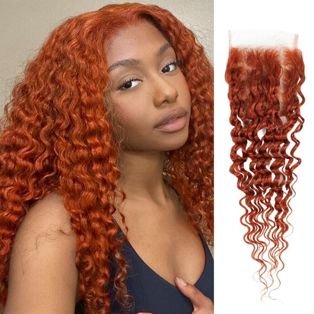 Ginger Deep Wave Closure 14 pulgadas, cobre naranja quemado 350 4×4 cierre de encaje transparente cabello humano prearrancado con cabello de bebé